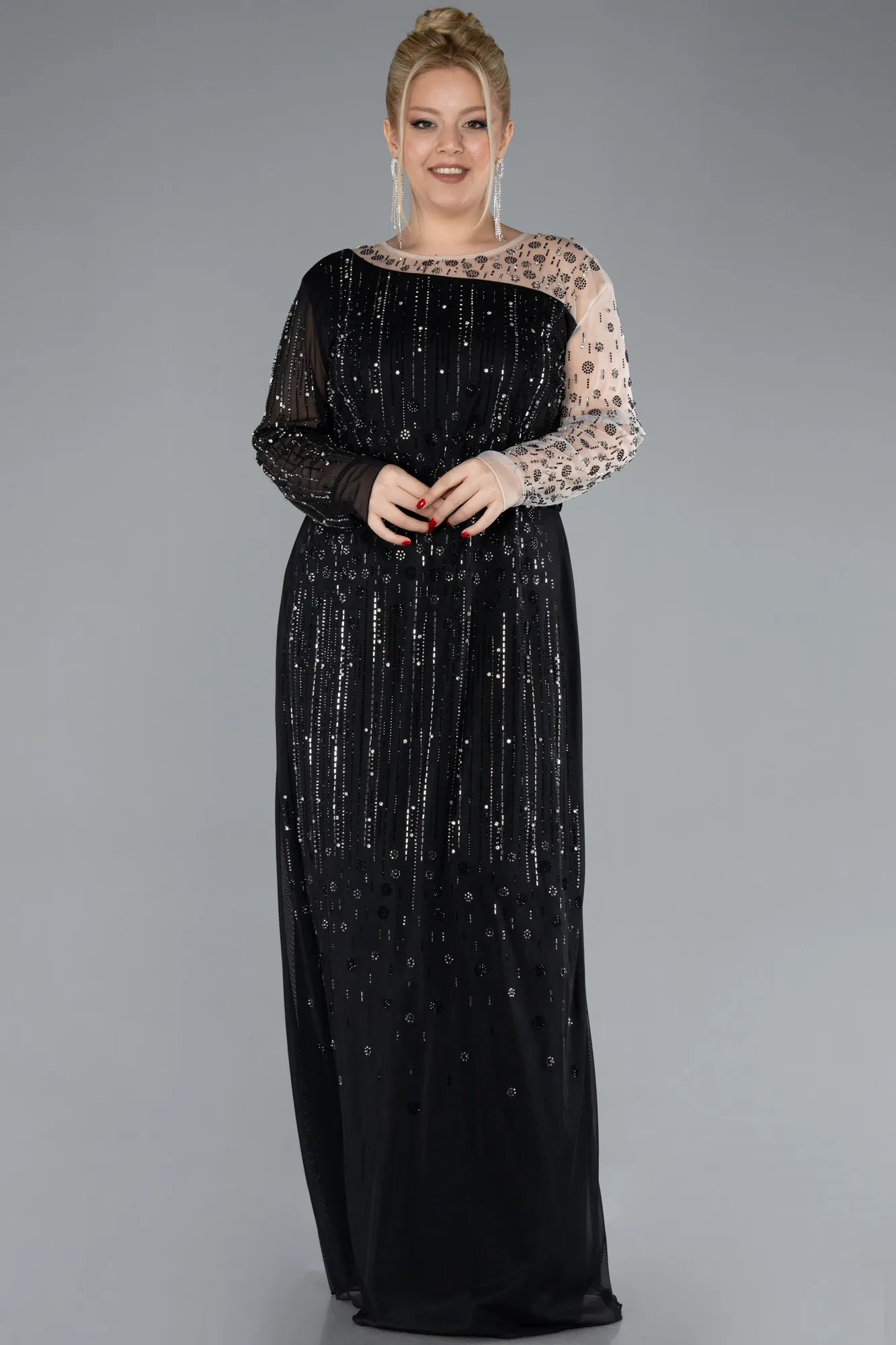 Black-Long Sleeve Stoned Plus Size Evening Dress ABU4397