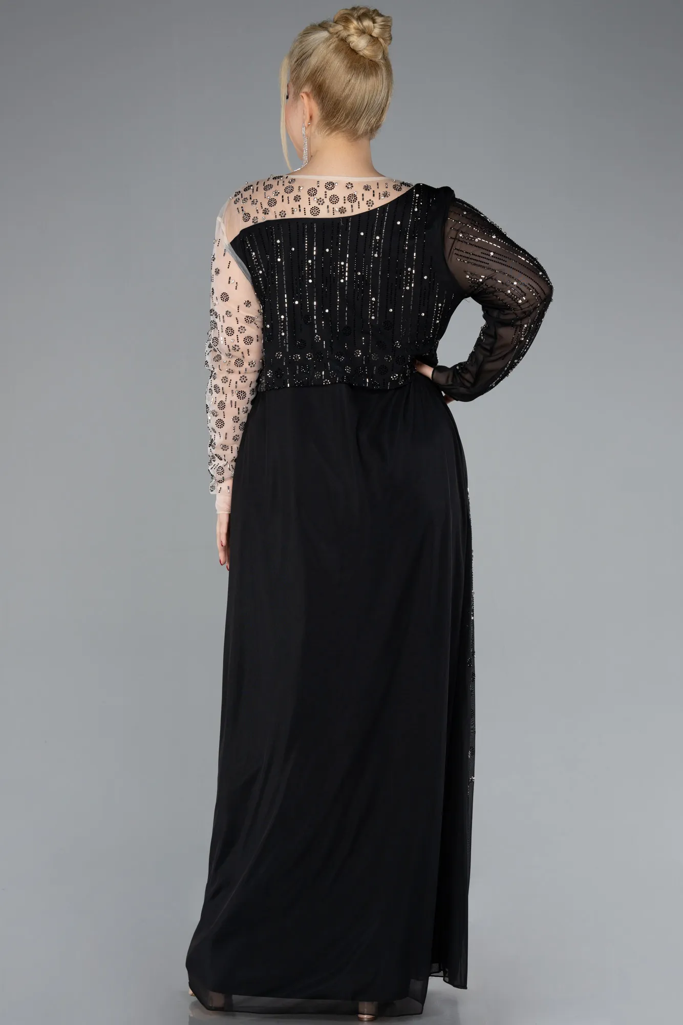 Black-Long Sleeve Stoned Plus Size Evening Dress ABU4397