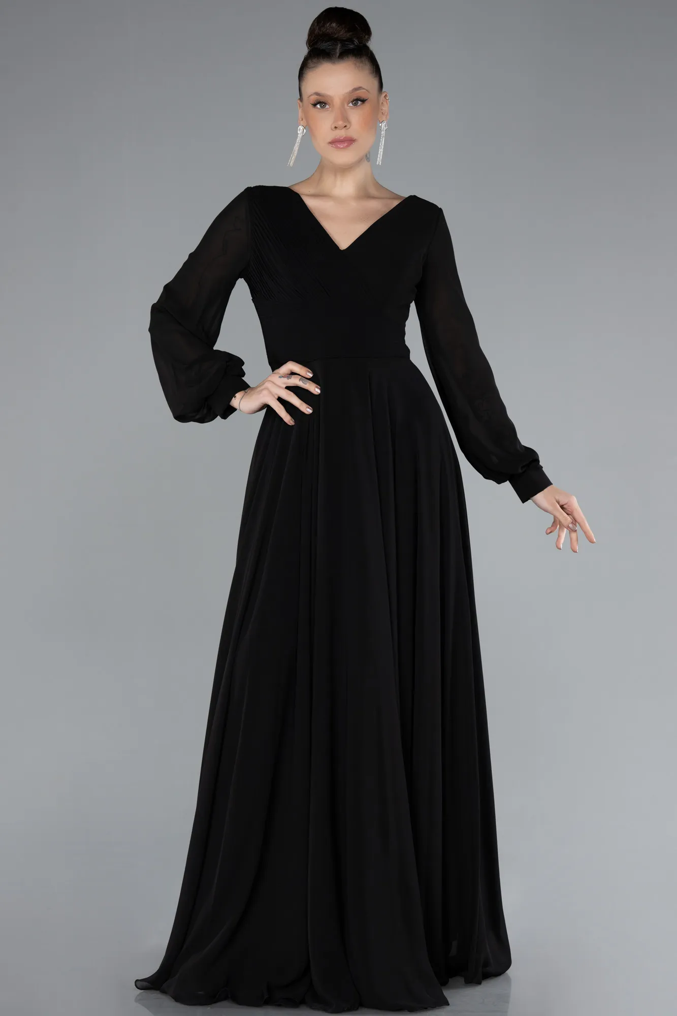 Black-Long Sleeve V Neck Chiffon Evening Dress ABU4533