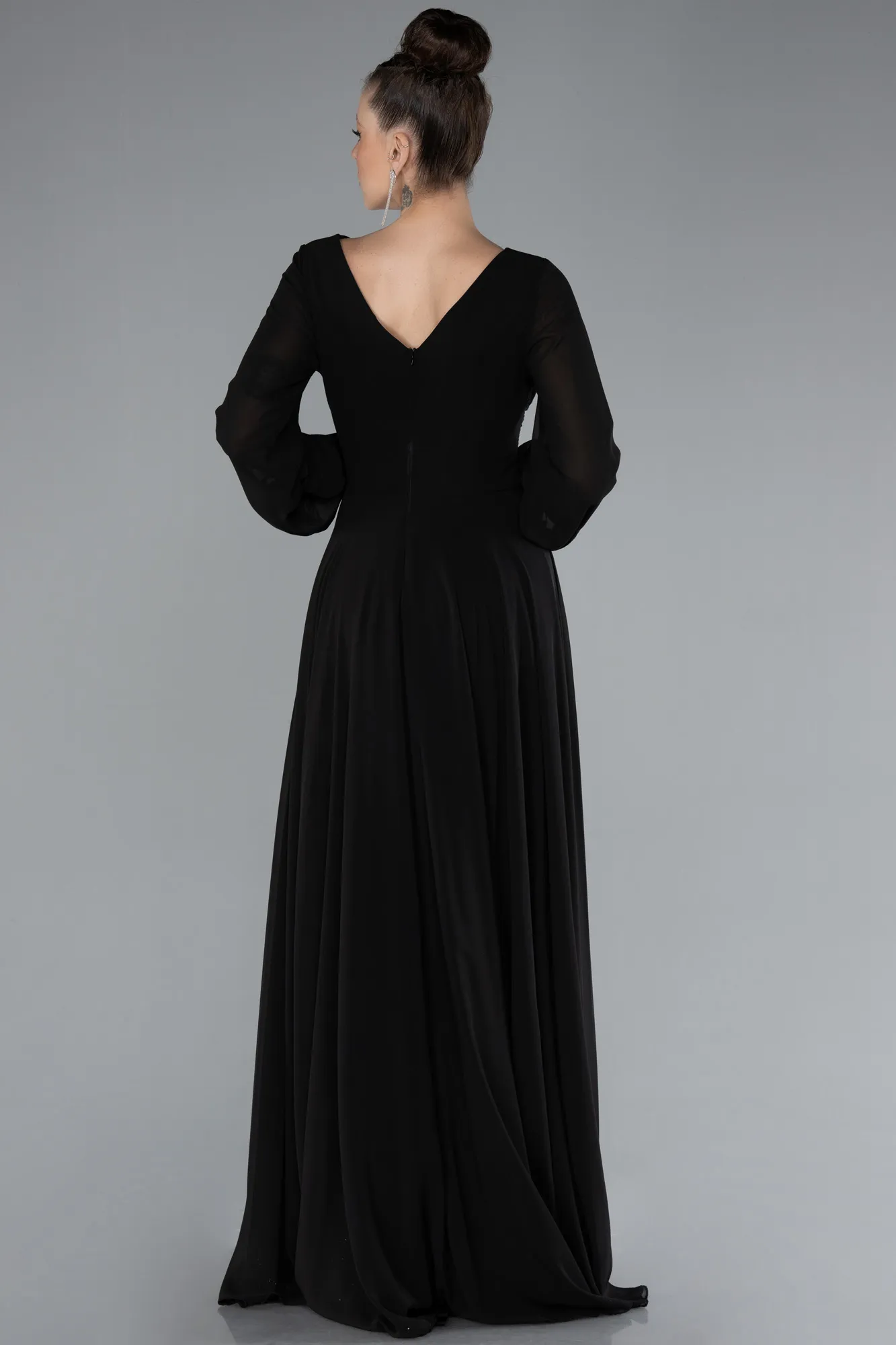 Black-Long Sleeve V Neck Chiffon Evening Dress ABU4533