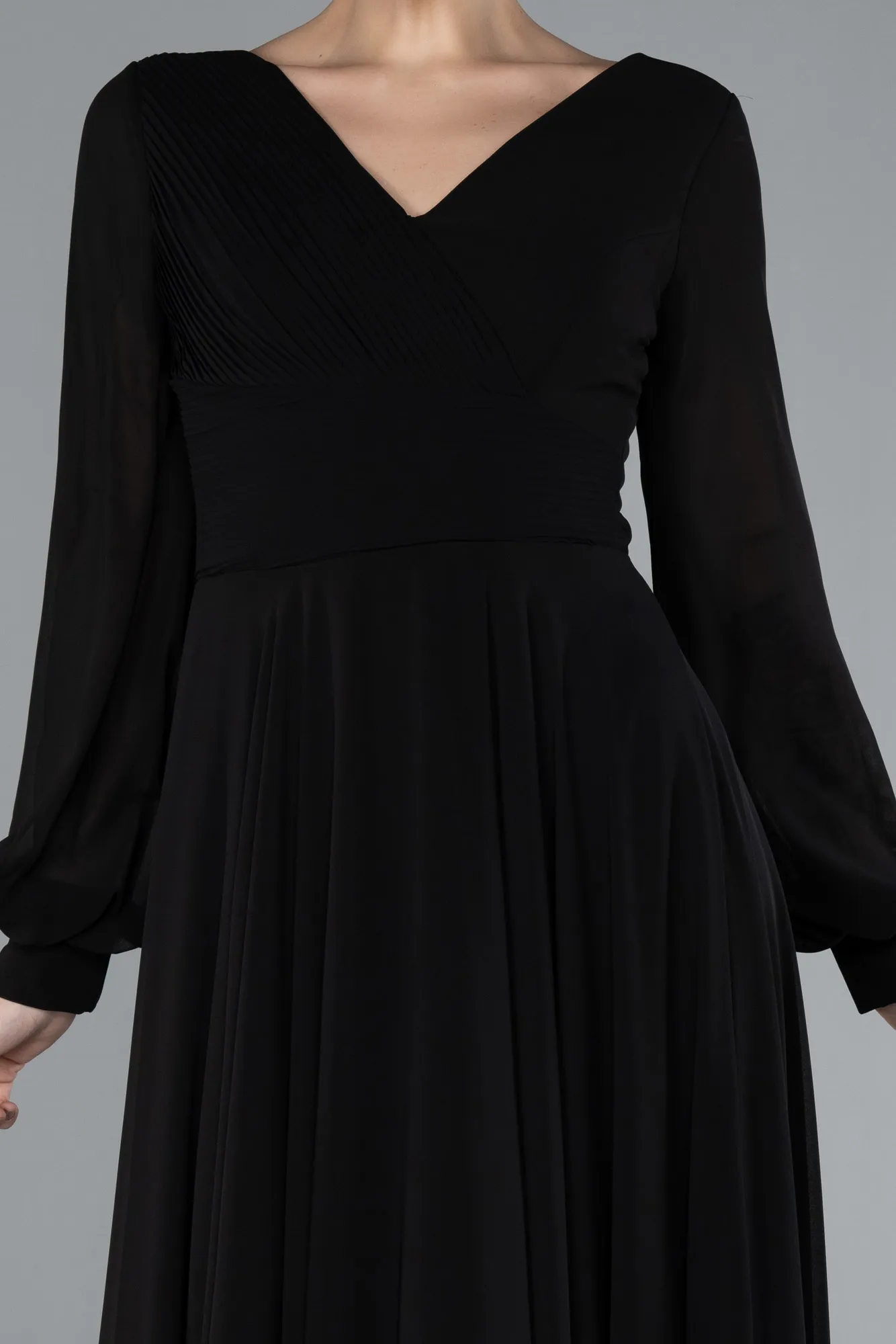 Black-Long Sleeve V Neck Chiffon Evening Dress ABU4533