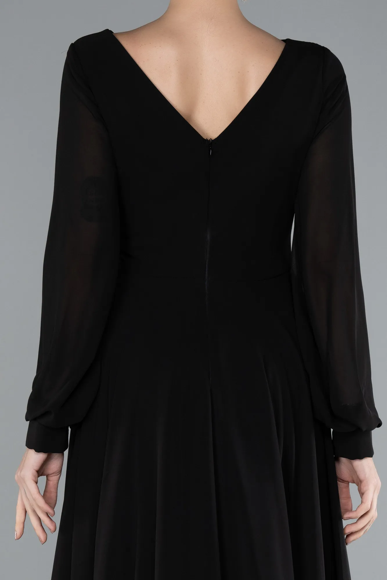 Black-Long Sleeve V Neck Chiffon Evening Dress ABU4533