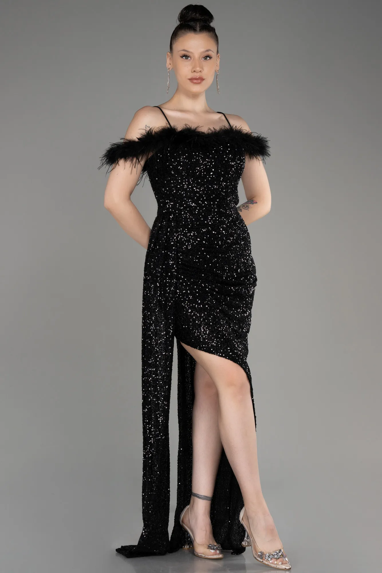 Black-Long Slit Scaly Evening Dress ABU3901