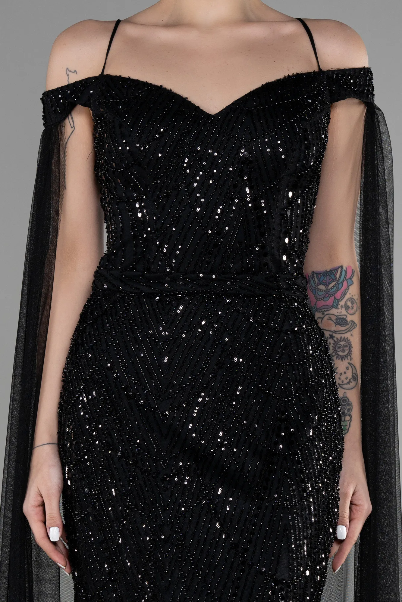 Black-Long Stony Designer Evening Dress ABU3553