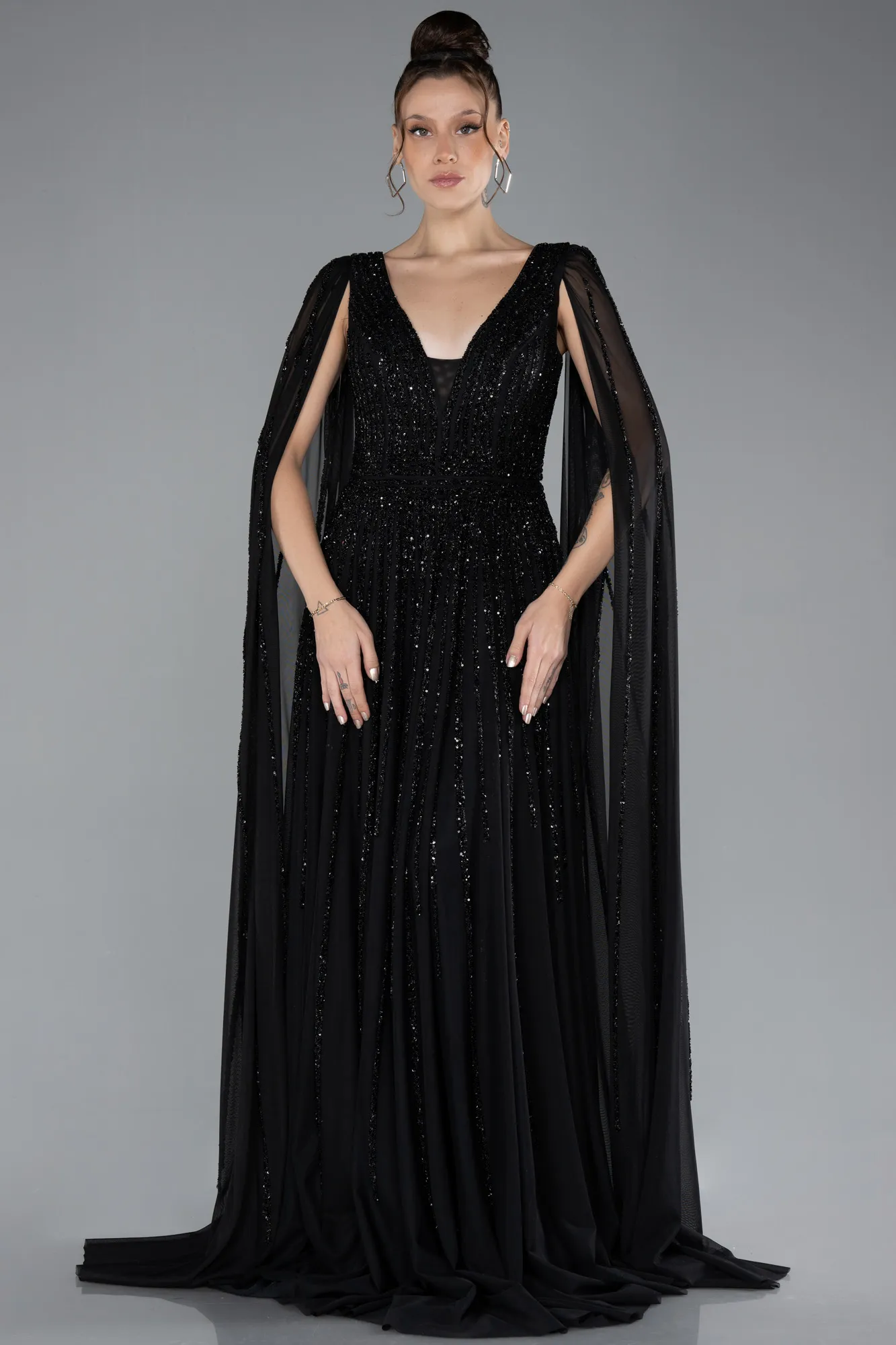 Black-Long Stony Evening Dress ABU4403