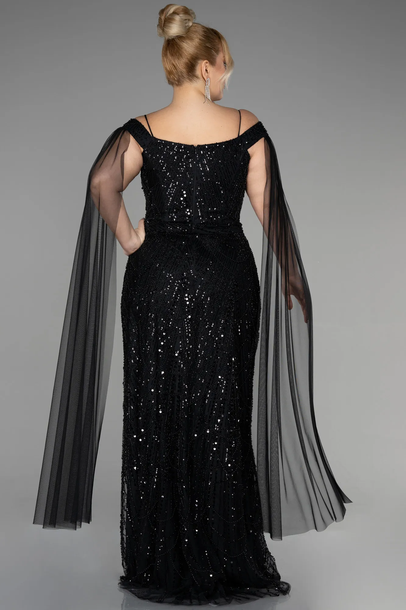 Black-Long Stony Plus Size Haute Couture Dress ABU3554