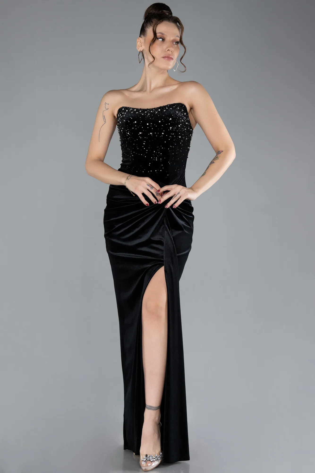 Black-Long Velvet Evening Dress ABU4405