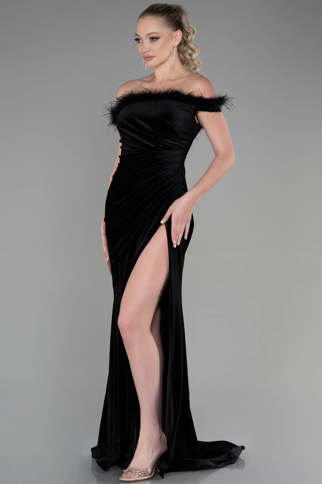 Black-Long Velvet Mermaid Evening Dress ABU3392