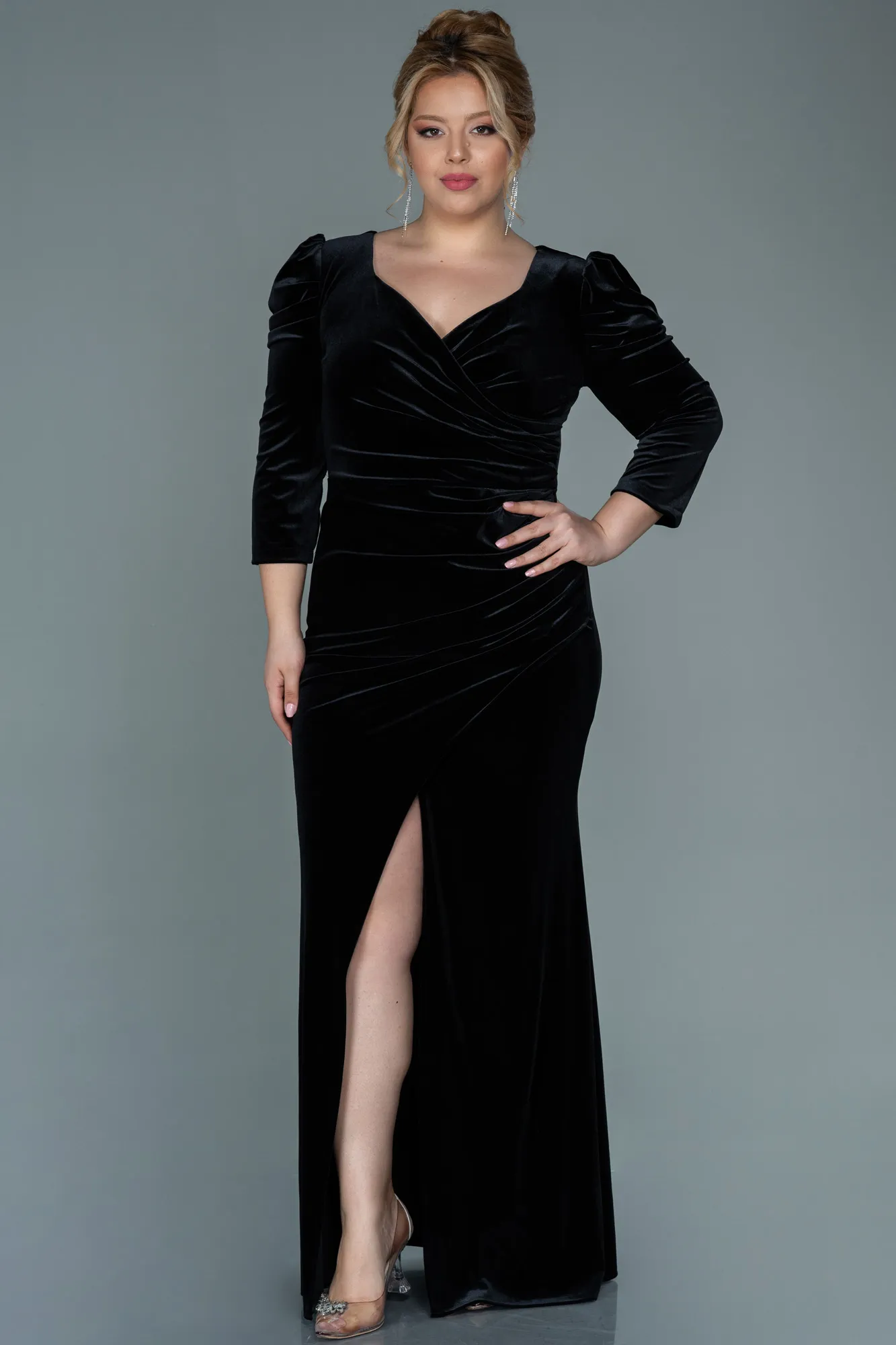 Black-Long Velvet Plus Size Evening Dress ABU2697