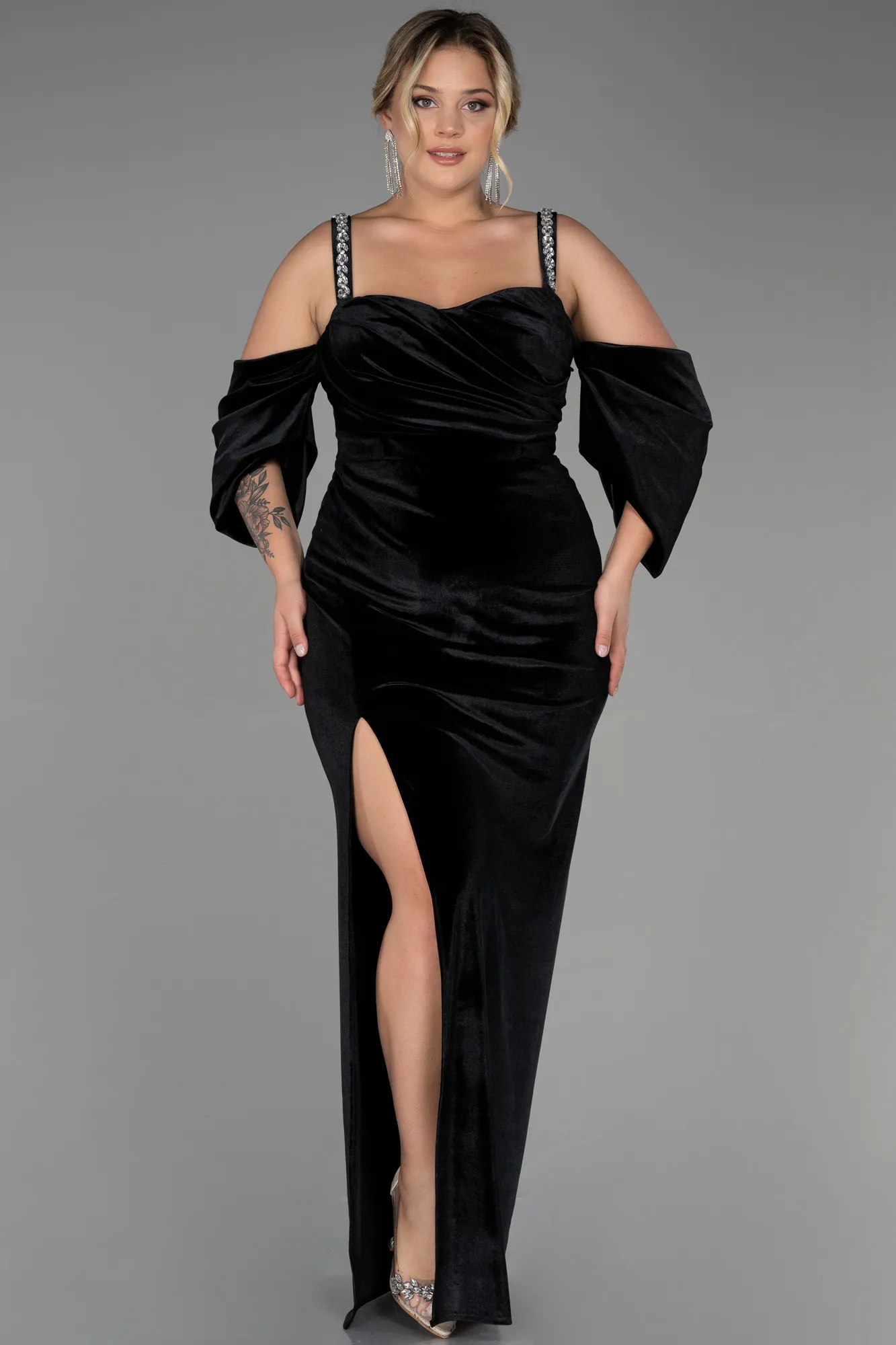 Black-Long Velvet Plus Size Evening Dress ABU3336