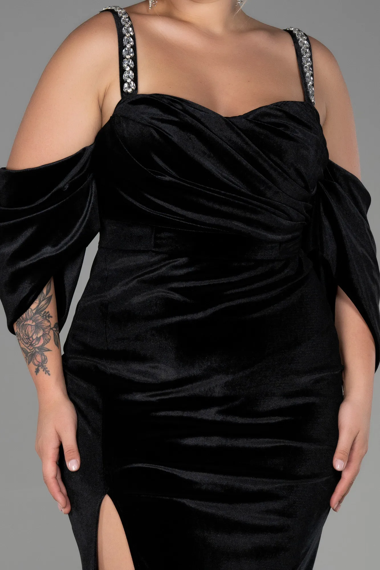 Black-Long Velvet Plus Size Evening Dress ABU3336
