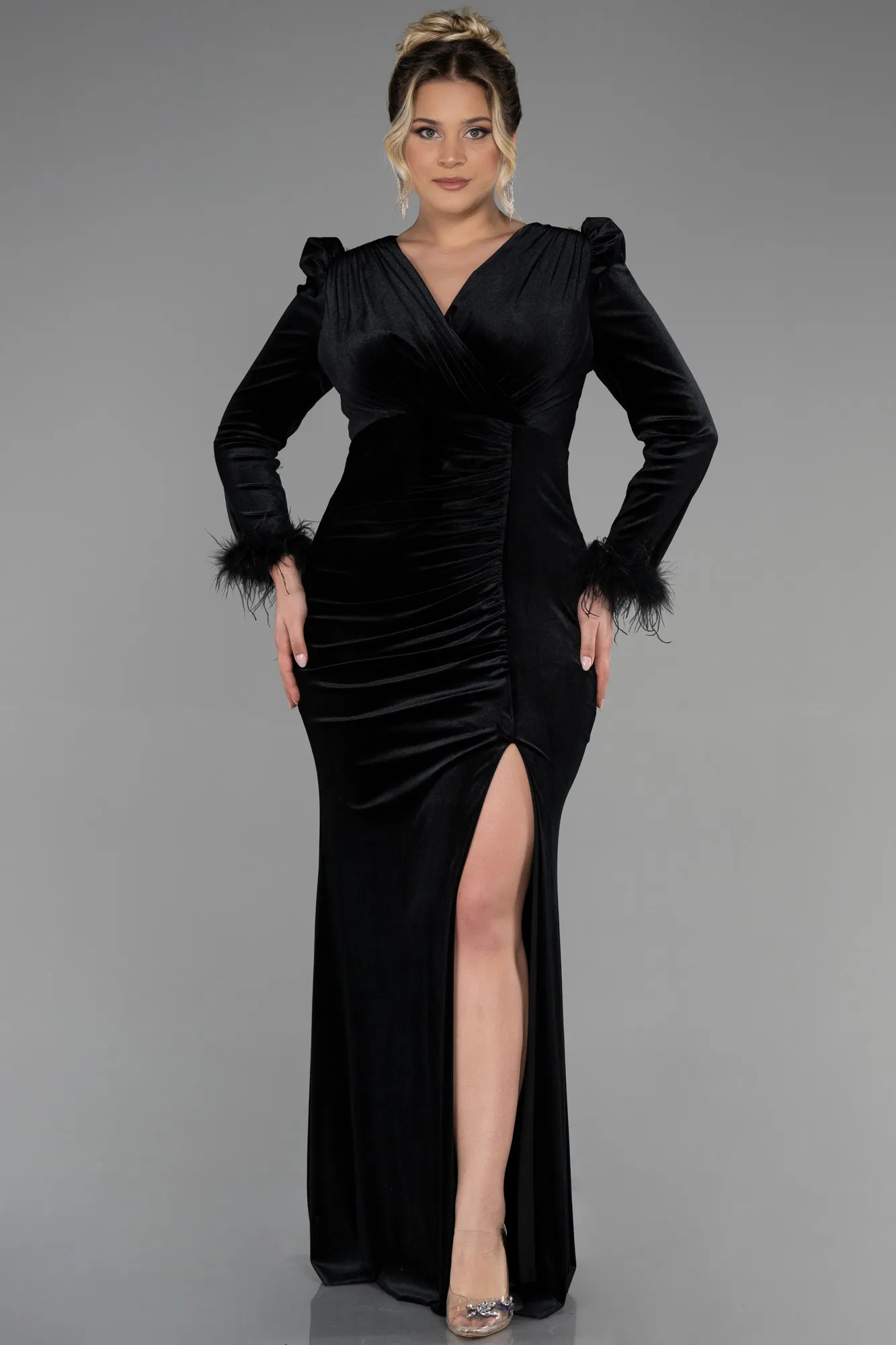 Black-Long Velvet Velvet Oversized Evening Dress ABU3394