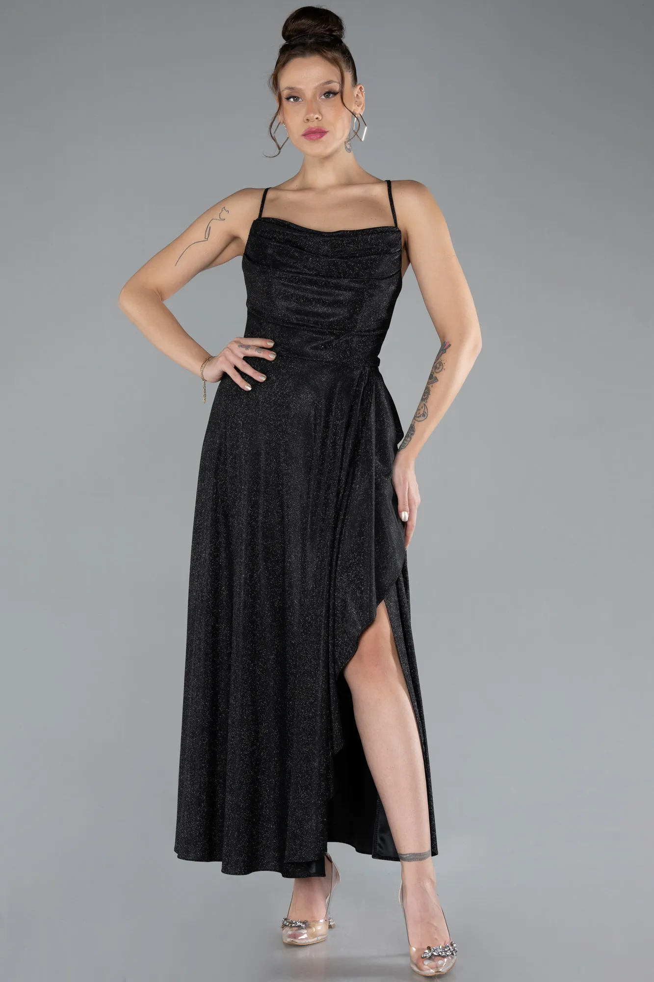 Black-Low Cut Midi Glittery Cocktail Dress ABK2170