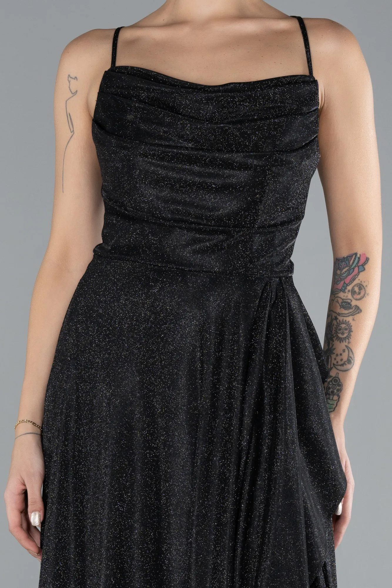 Black-Low Cut Midi Glittery Cocktail Dress ABK2170