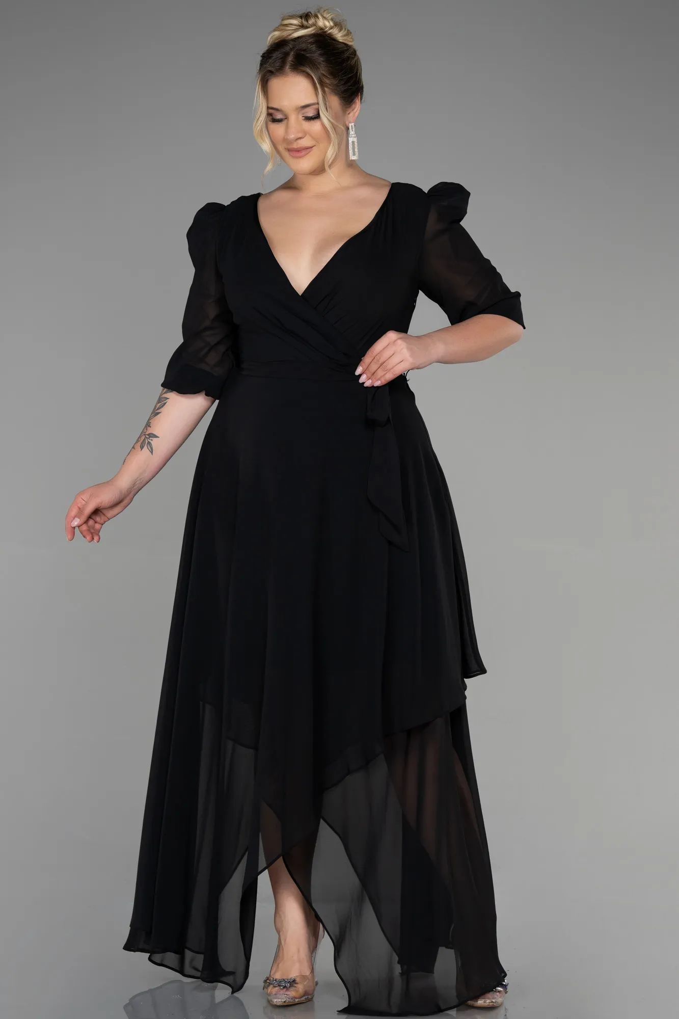 Black-Midi Chiffon Oversized Evening Dress ABK1083