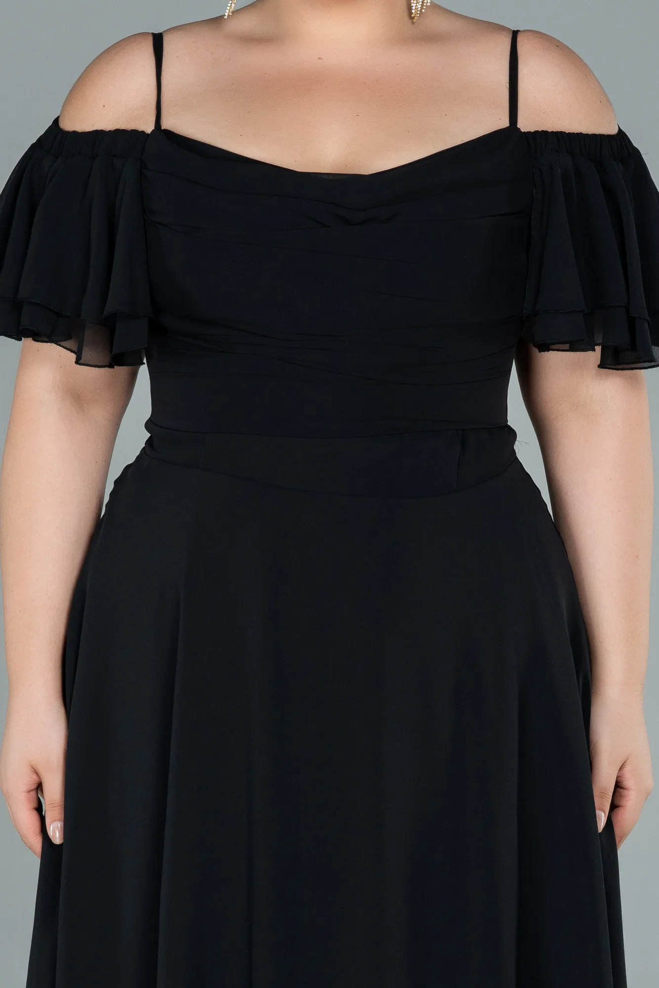 Black-Midi Chiffon Plus Size Evening Dress ABK1475