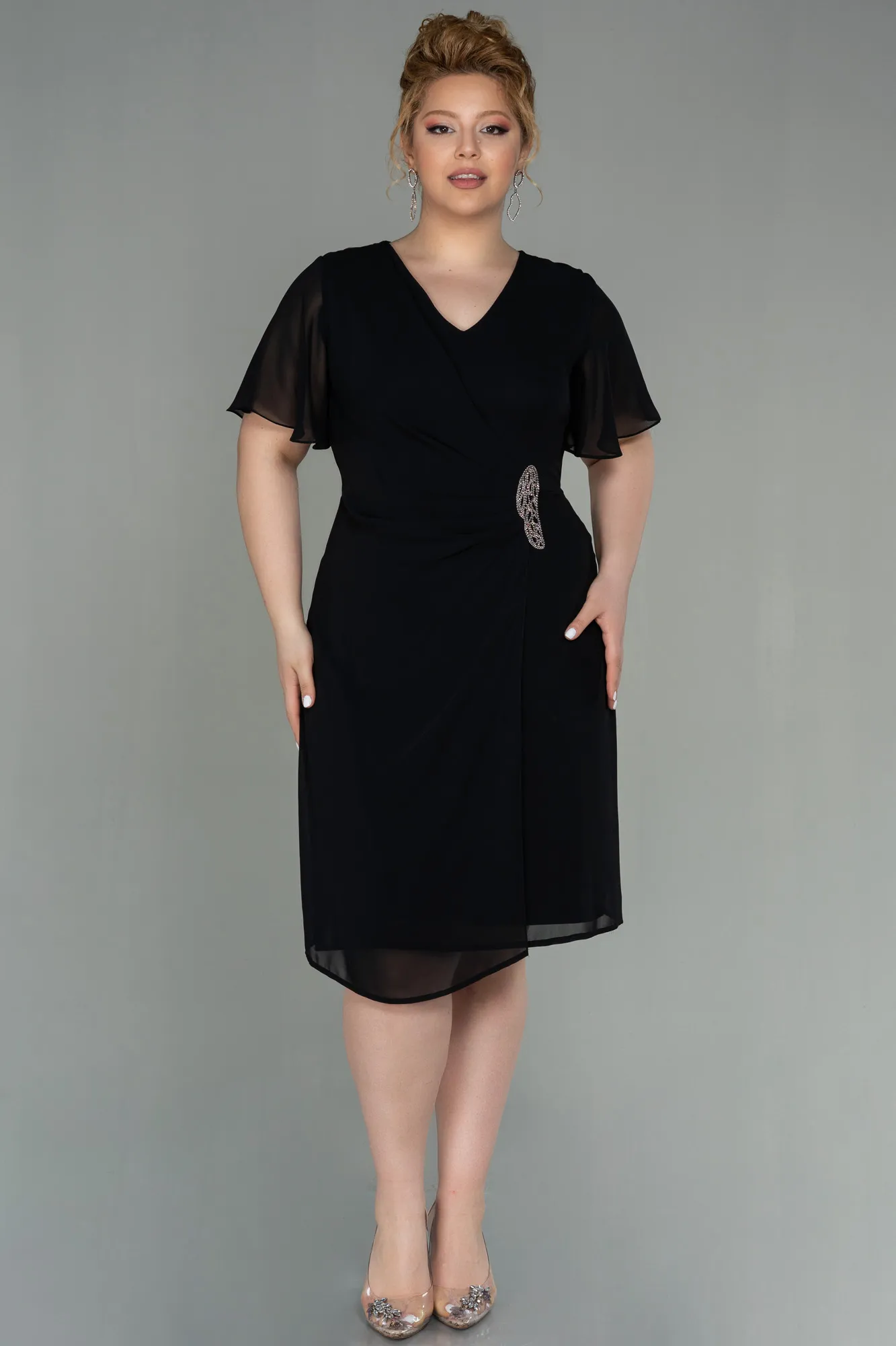 Black-Midi Chiffon Plus Size Evening Dress ABK1660