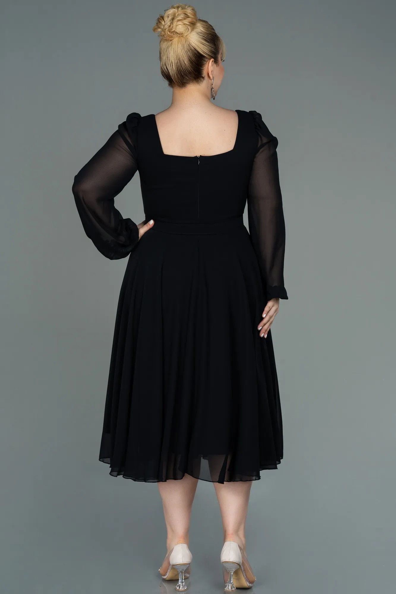 Black-Midi Chiffon Plus Size Evening Dress ABK1753