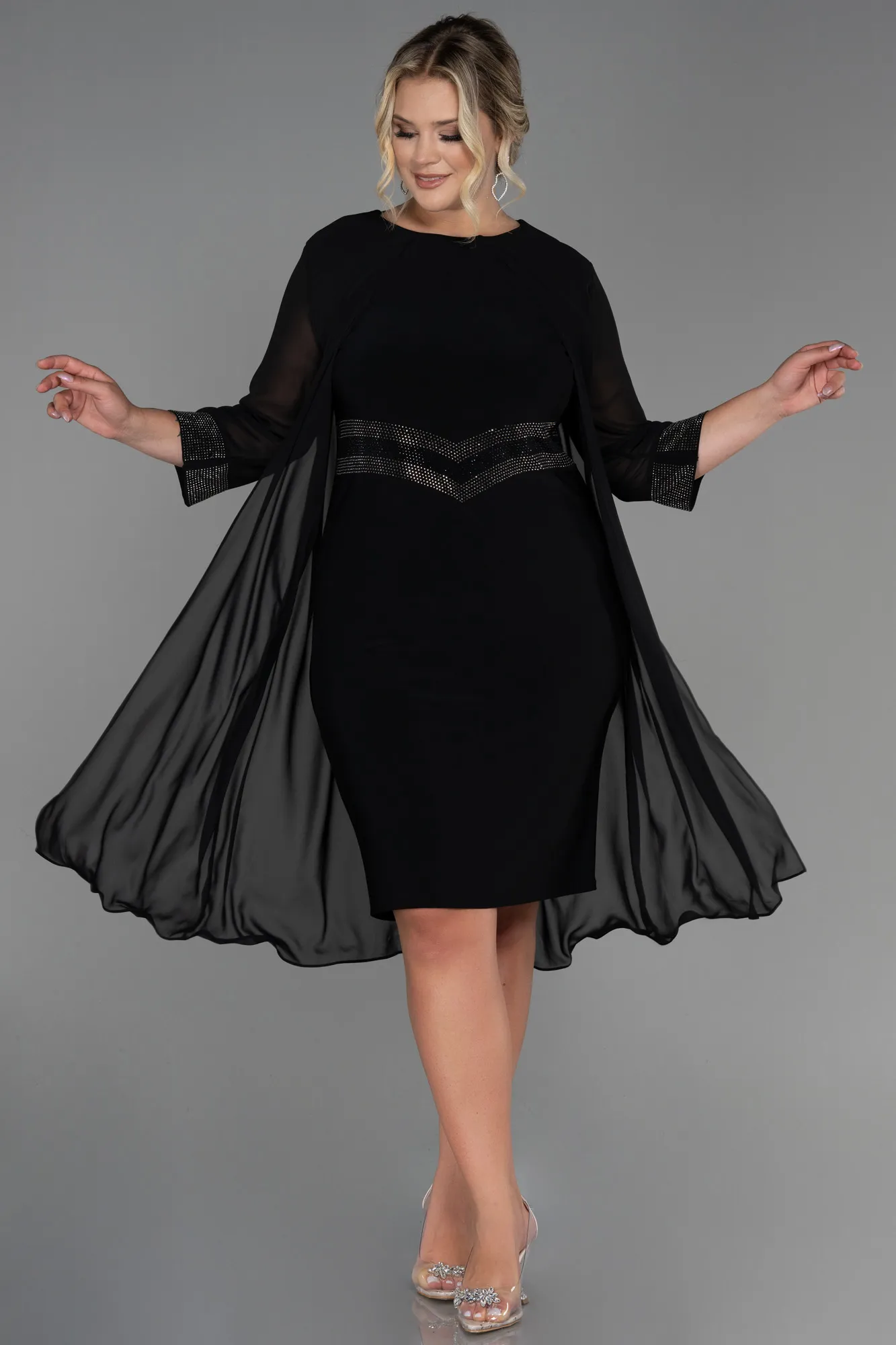 Black-Midi Chiffon Plus Size Evening Dress ABK1803