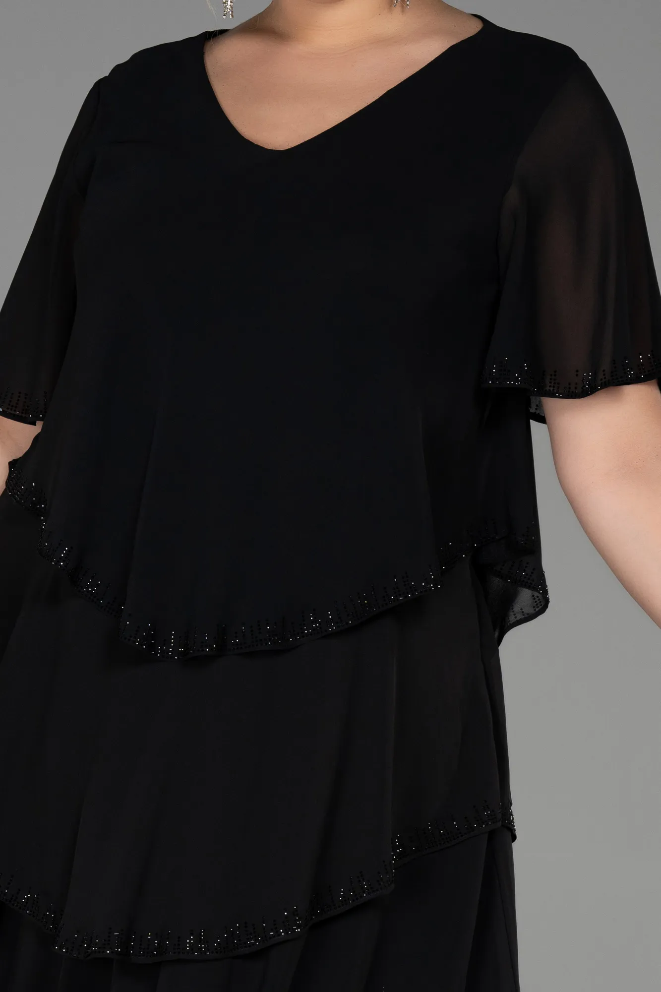 Black-Midi Chiffon Plus Size Evening Dress ABK1825