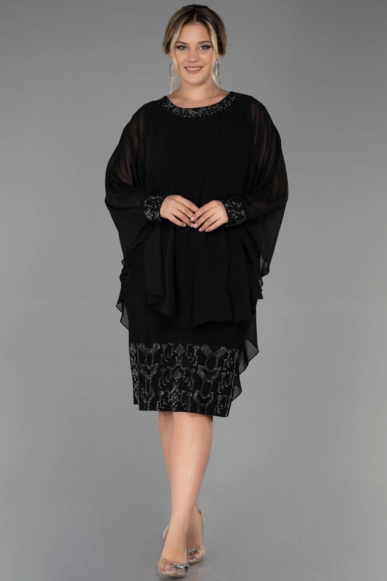 Black-Midi Chiffon Plus Size Evening Dress ABK1854