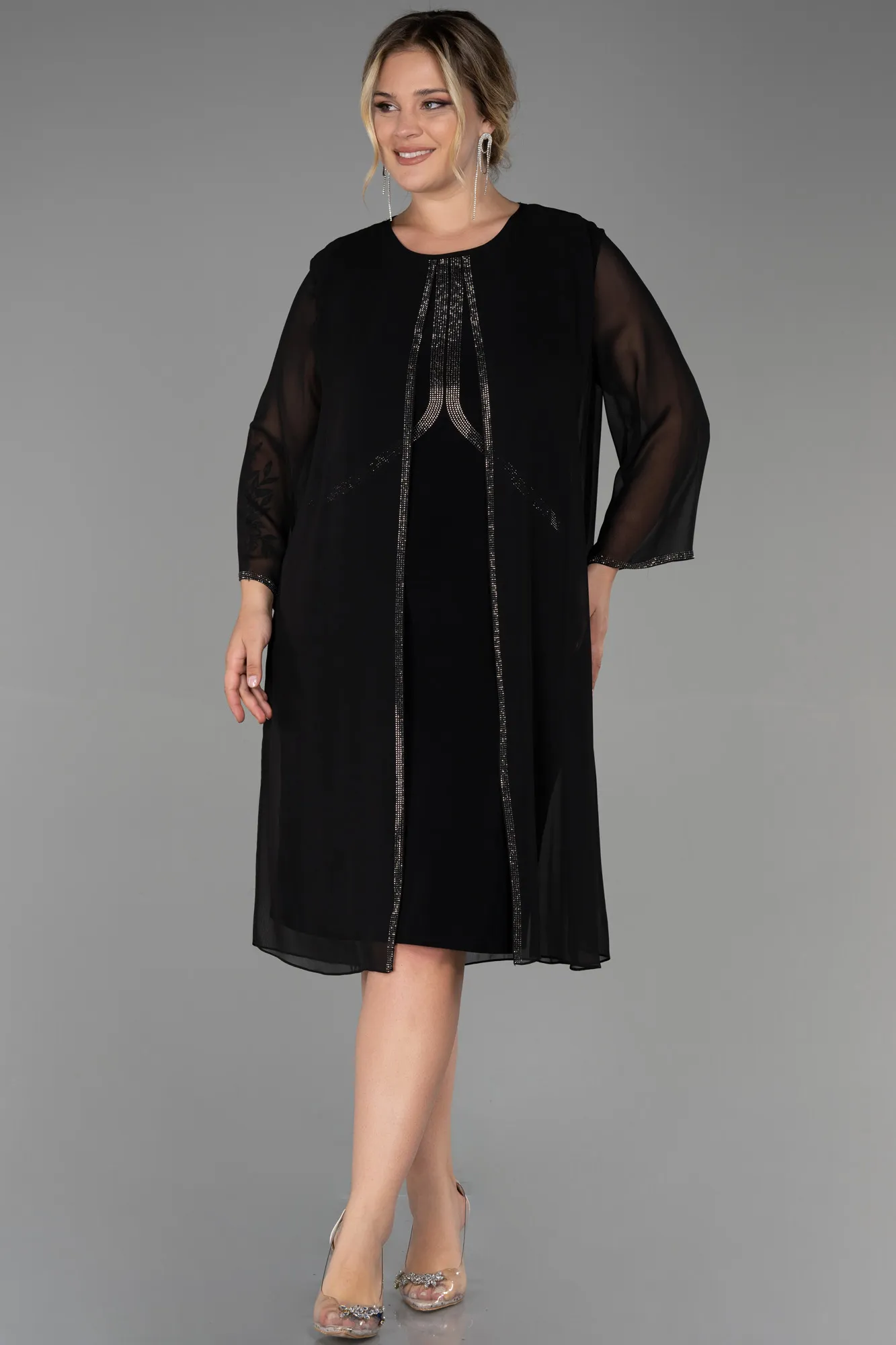 Black-Midi Chiffon Plus Size Evening Dress ABK1855