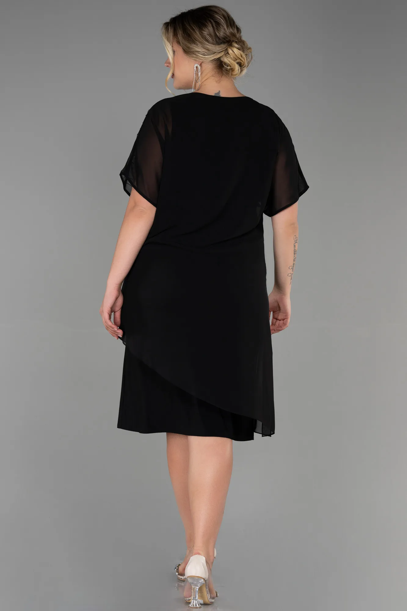 Black-Midi Chiffon Plus Size Evening Dress ABK1856