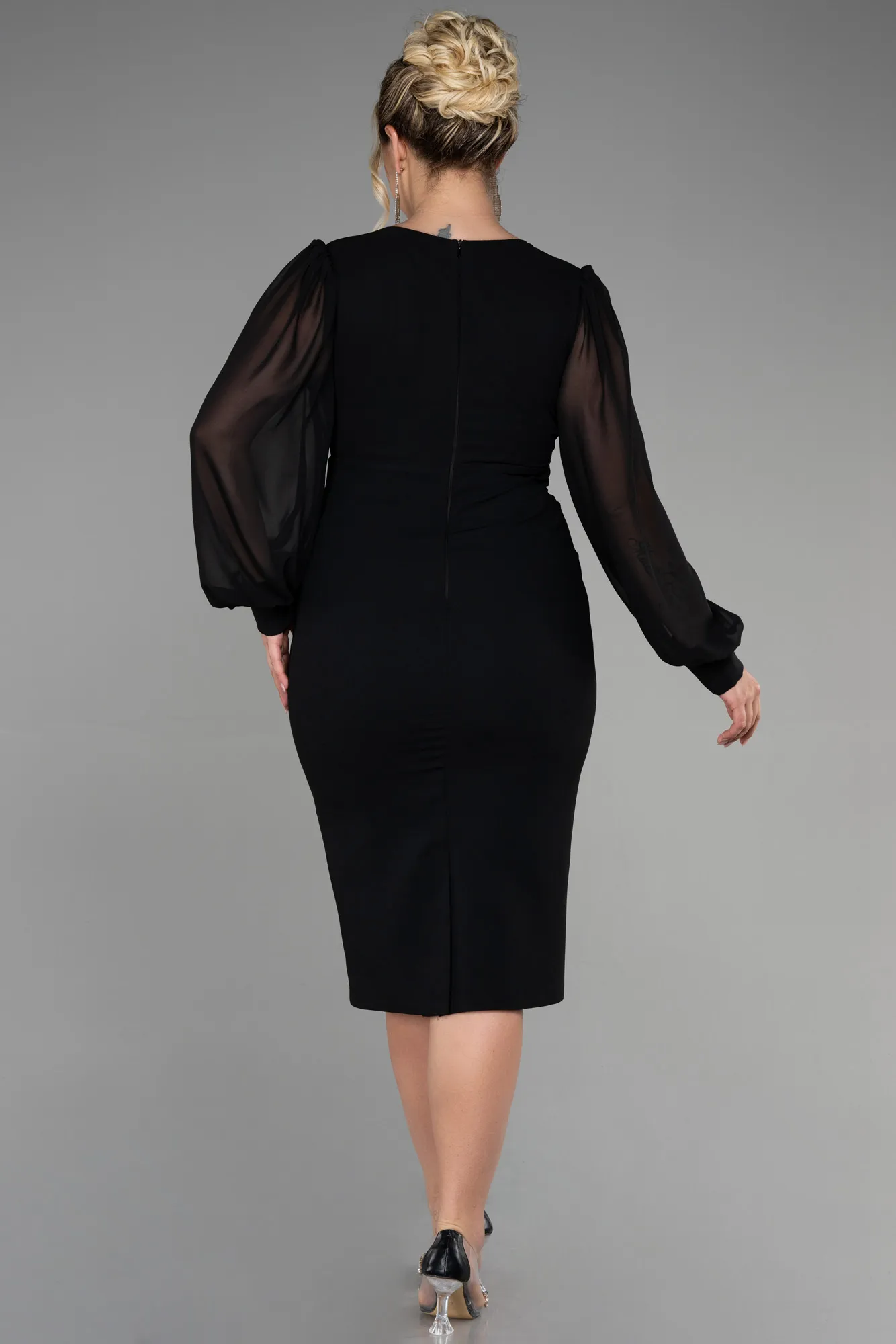 Black-Midi Chiffon Plus Size Evening Dress ABK1885