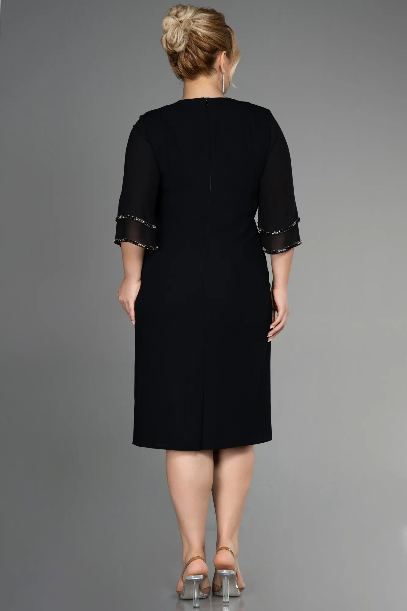 Black-Midi Chiffon Plus Size Evening Dress ABK1907