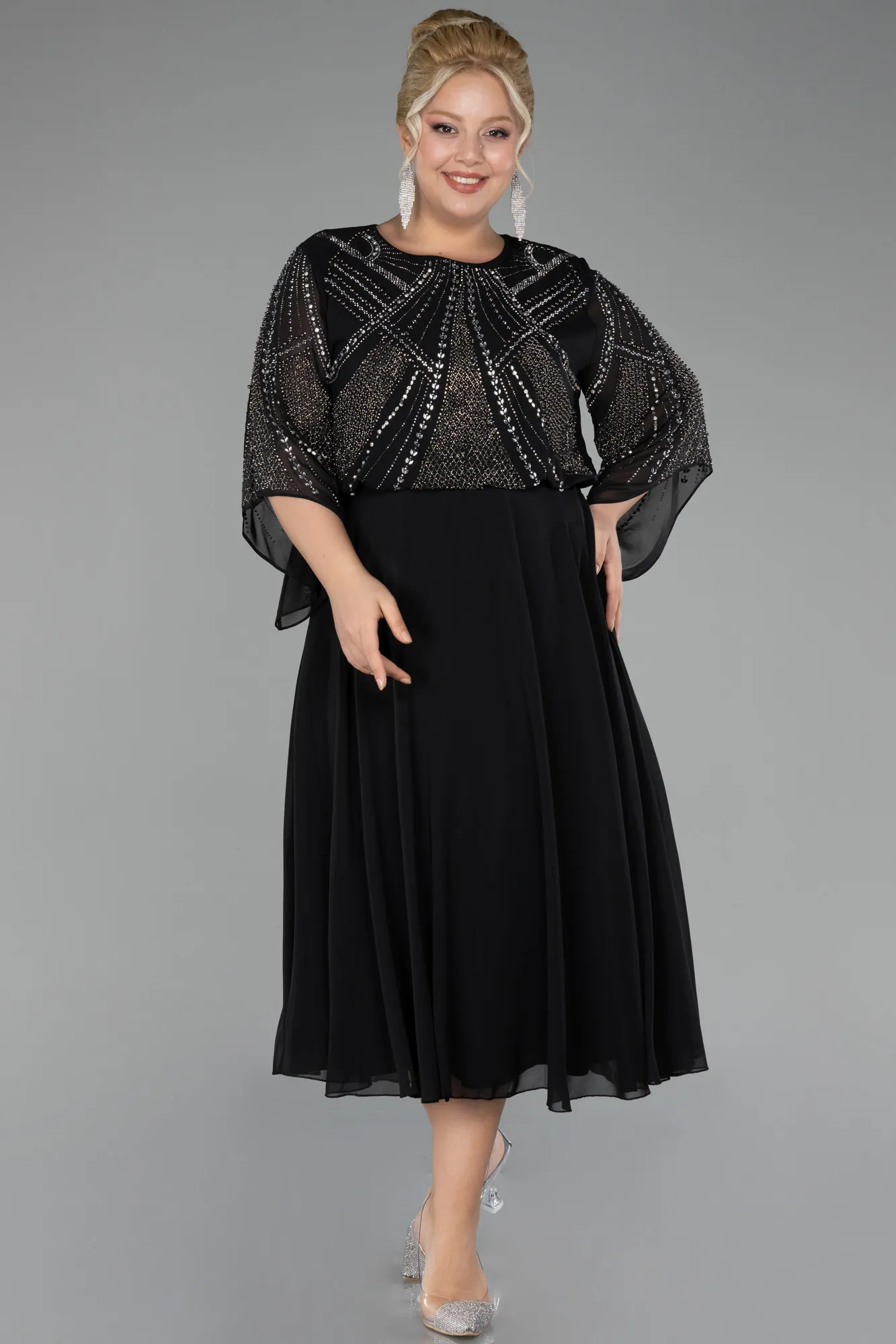 Black-Midi Chiffon Plus Size Evening Dress ABK2144