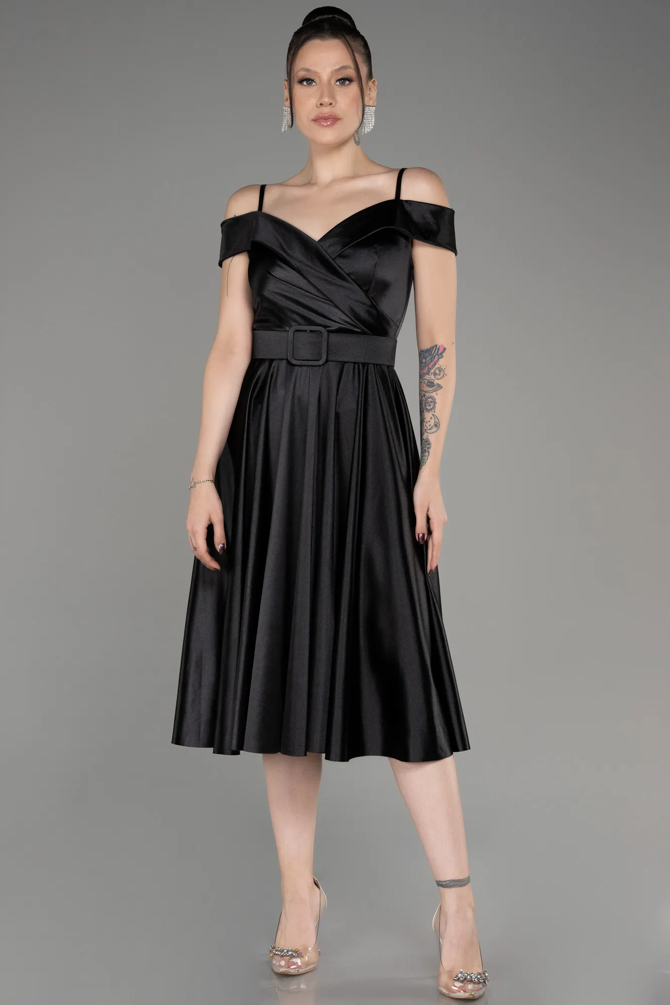 Black-Midi Cocktail Satin Dress ABK2080