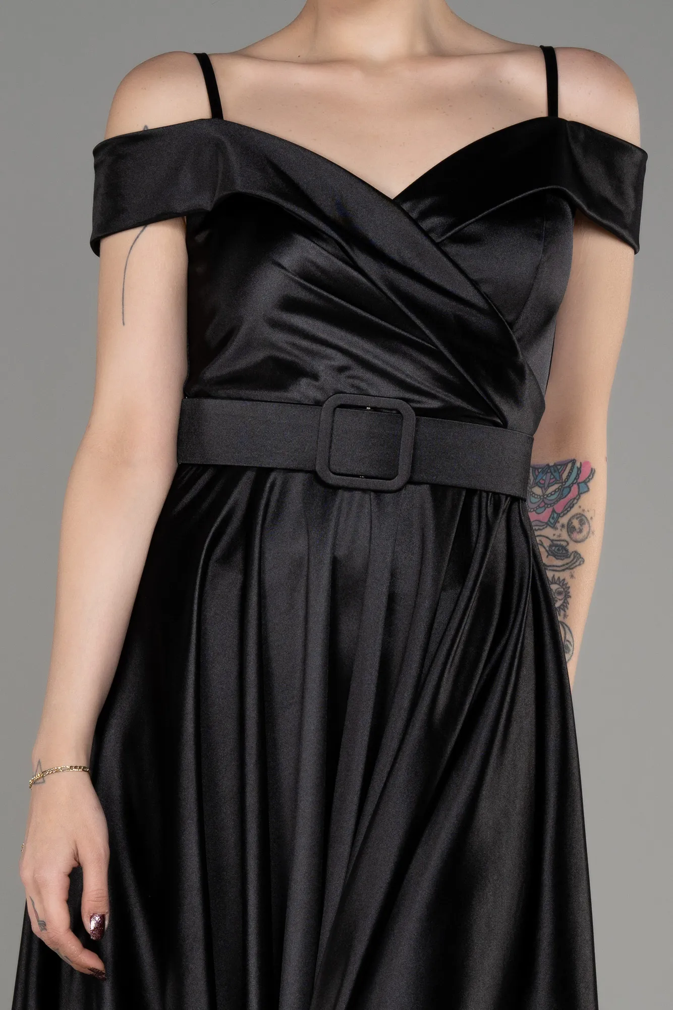 Black-Midi Cocktail Satin Dress ABK2080