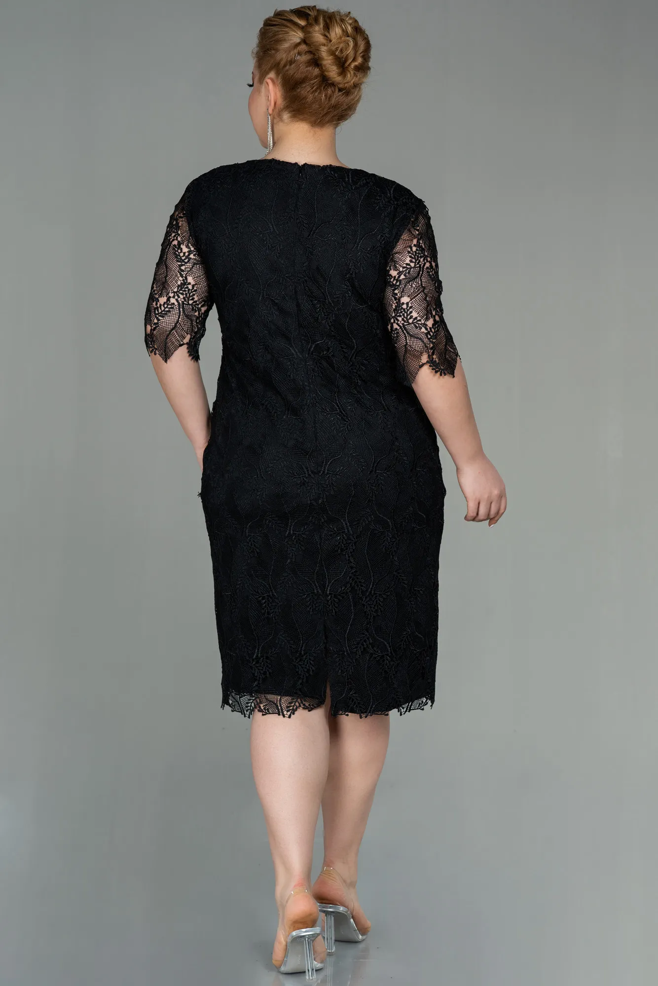 Black-Midi Dantelle Plus Size Evening Dress ABK1623