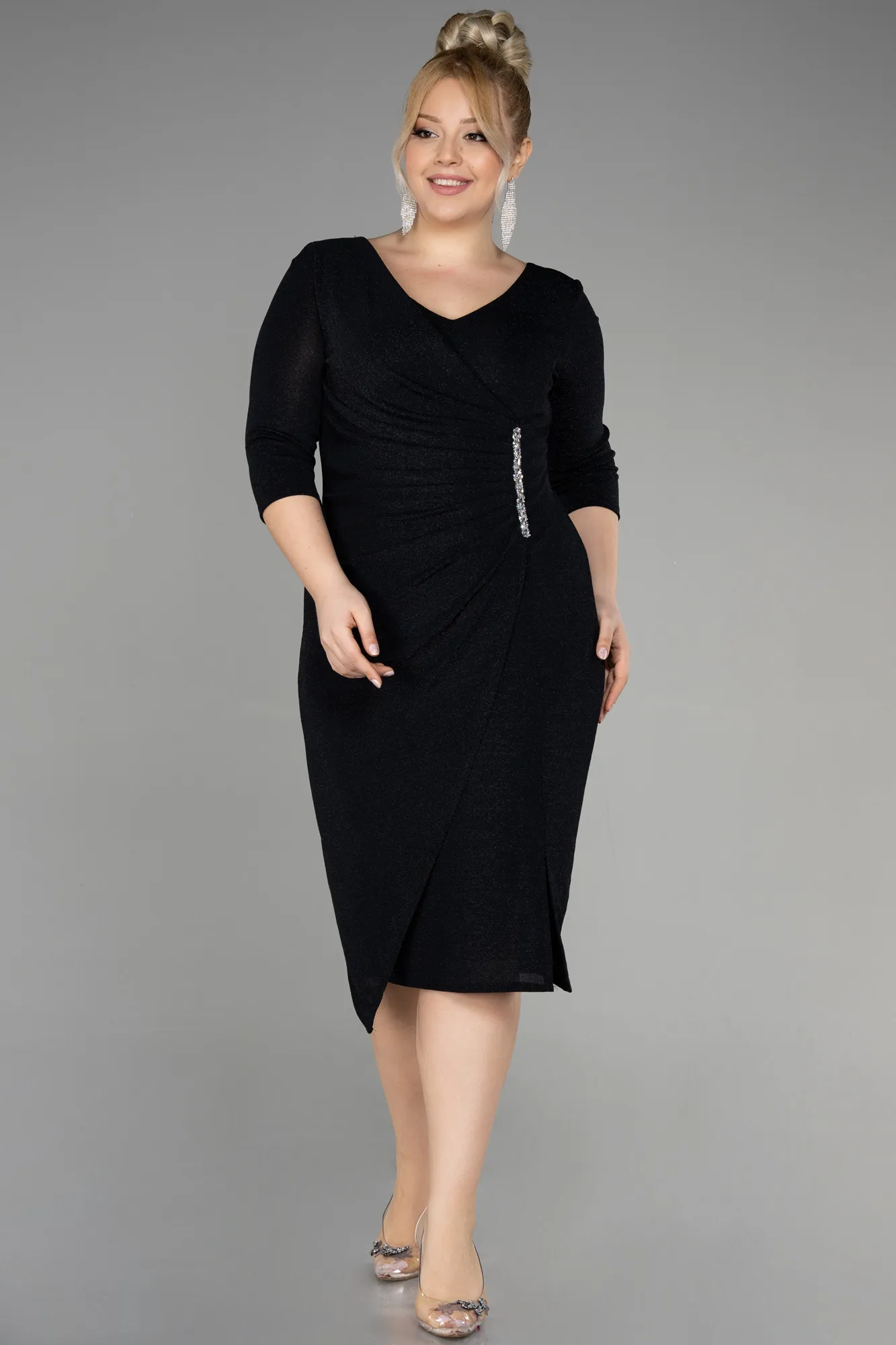 Black-Capri Sleeve Midi Plus Size Evening Dress ABK1950