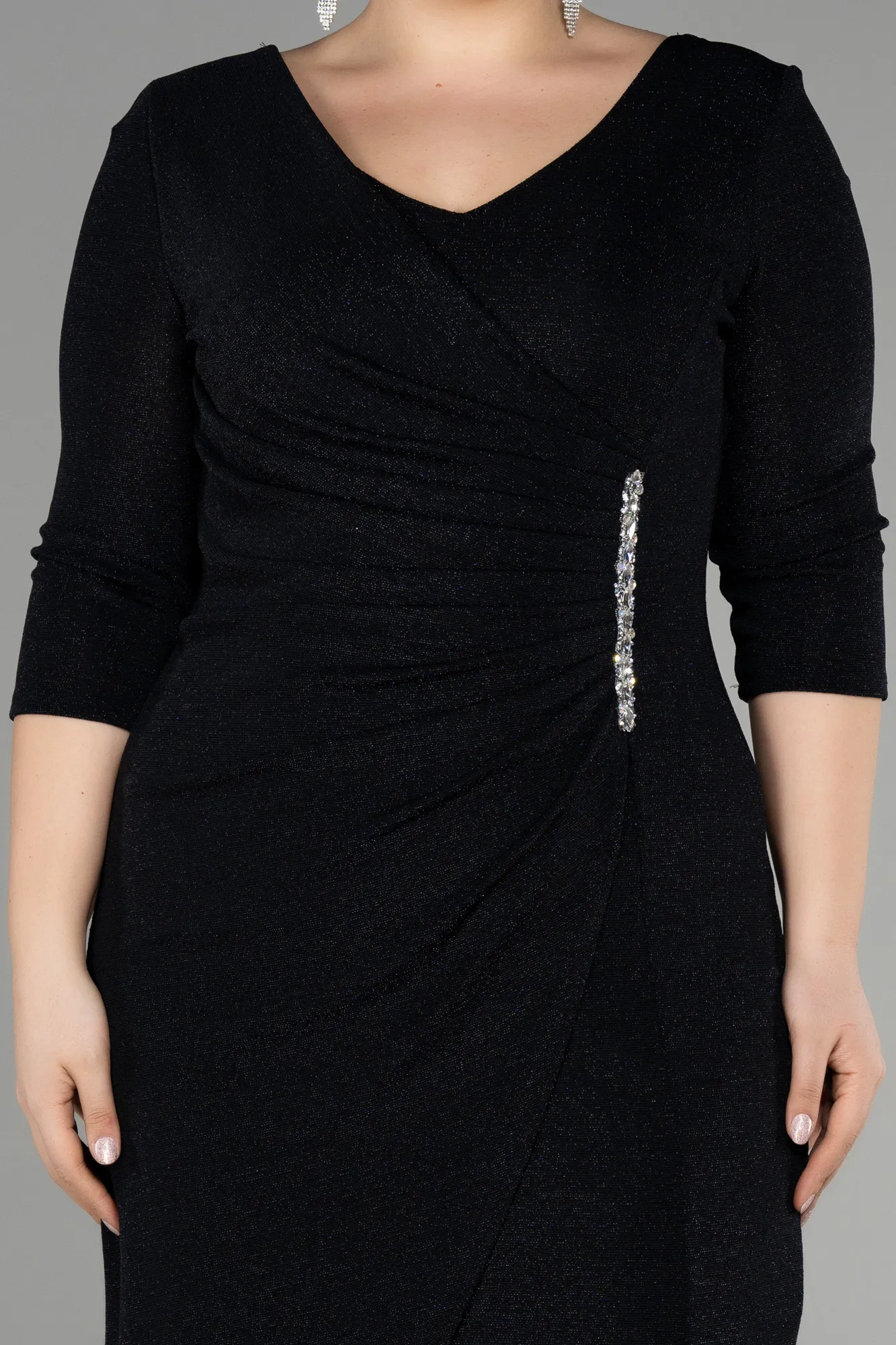 Black-Capri Sleeve Midi Plus Size Evening Dress ABK1950