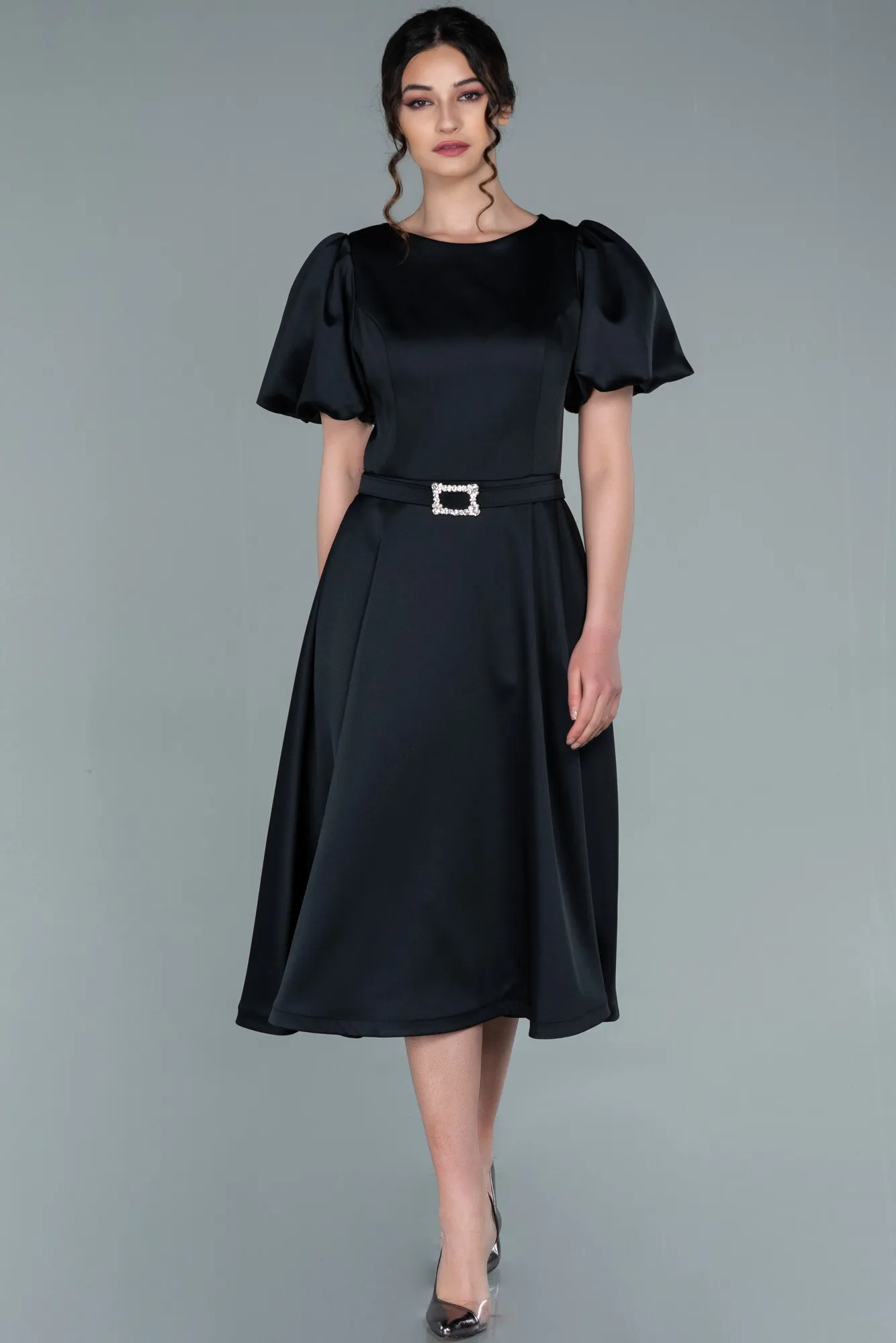 Black-Midi Satin Invitation Dress ABK1263