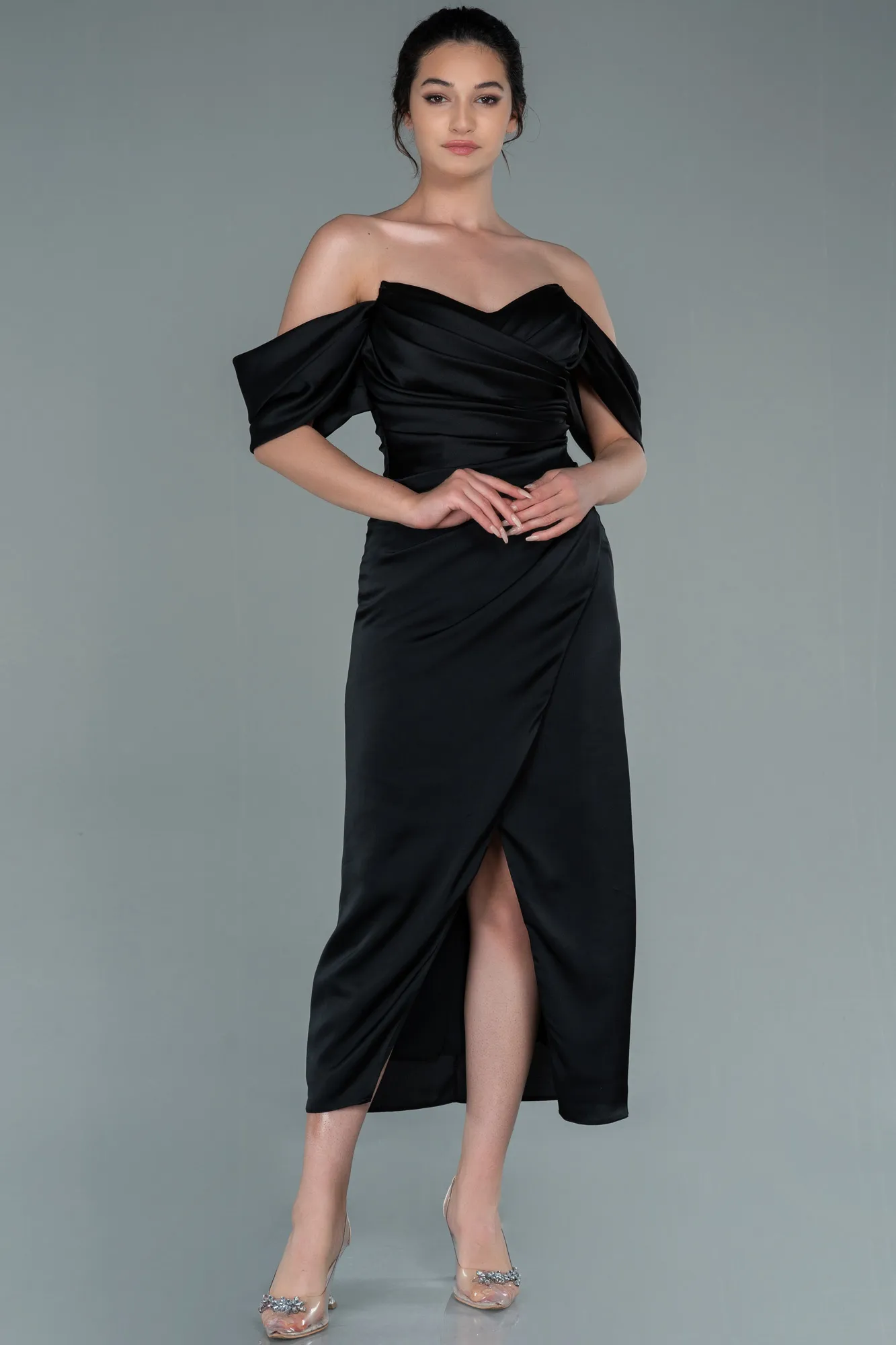 Black-Midi Satin Invitation Dress ABK1404