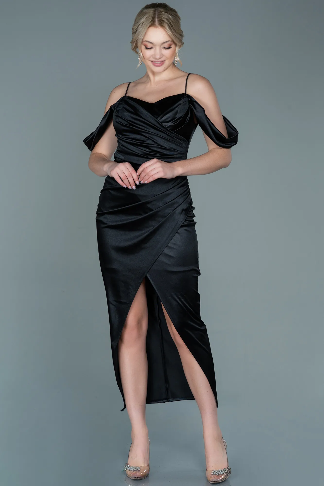 Black-Midi Satin Invitation Dress ABK1534