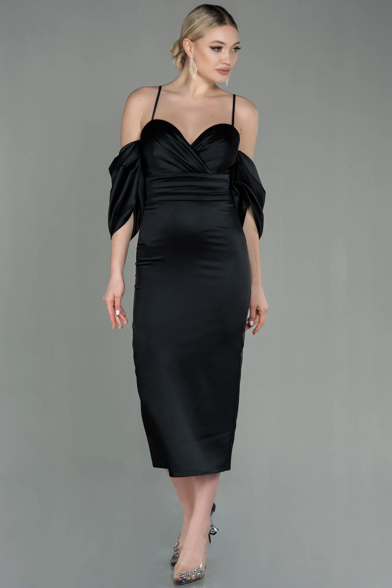Black-Midi Satin Invitation Dress ABK1676