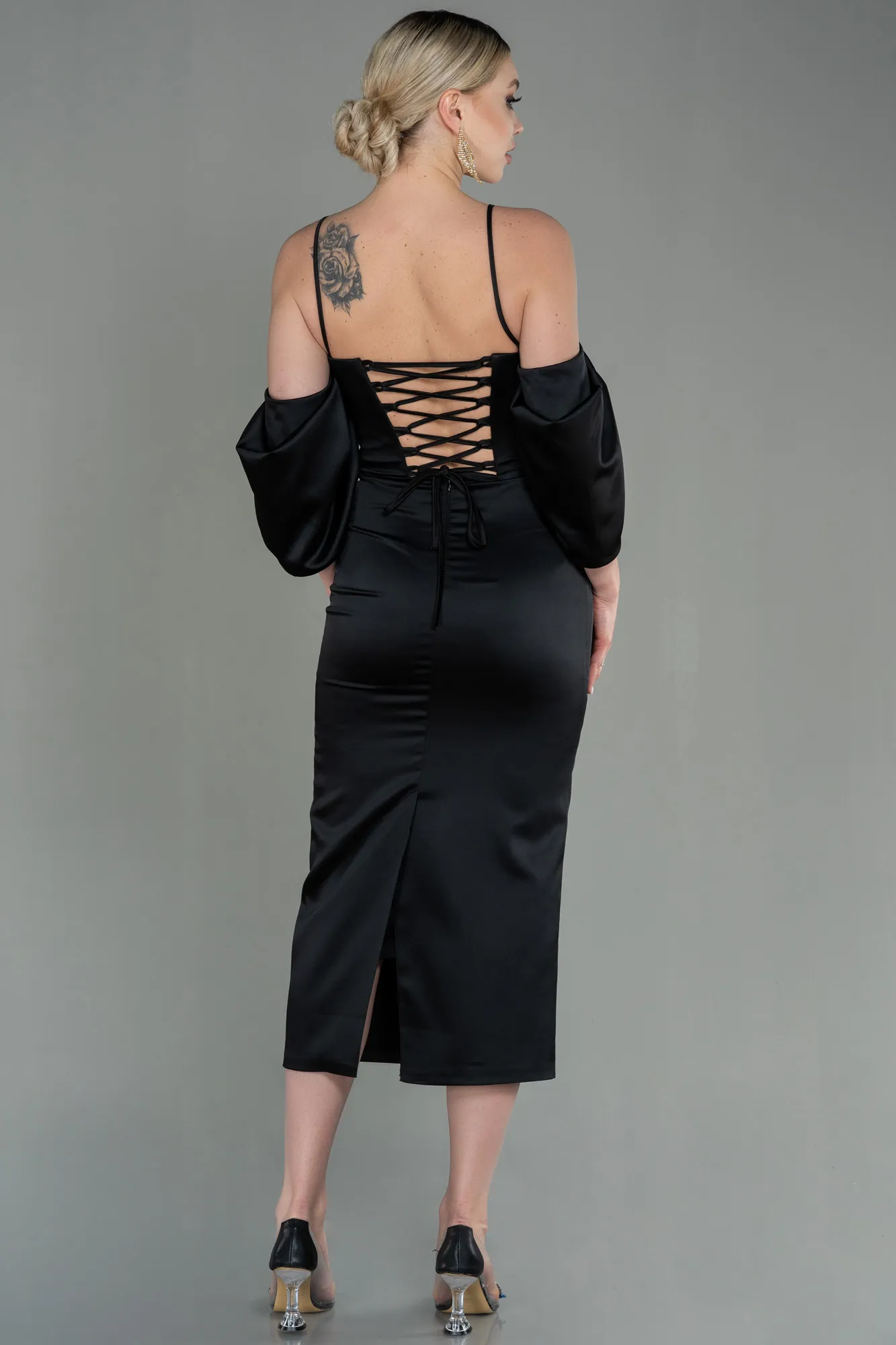 Black-Midi Satin Invitation Dress ABK1676