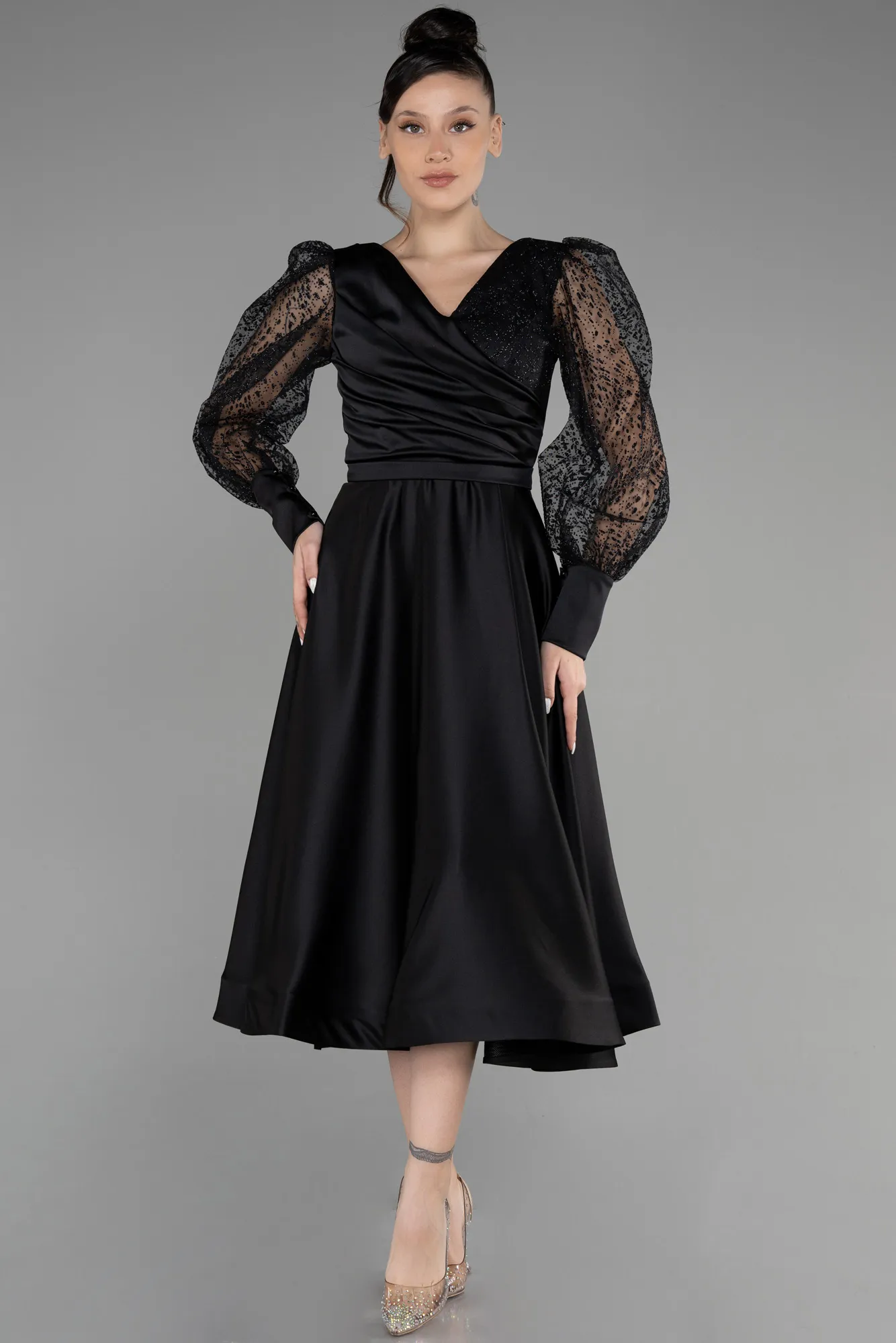 Black-Midi Satin Invitation Dress ABK1887