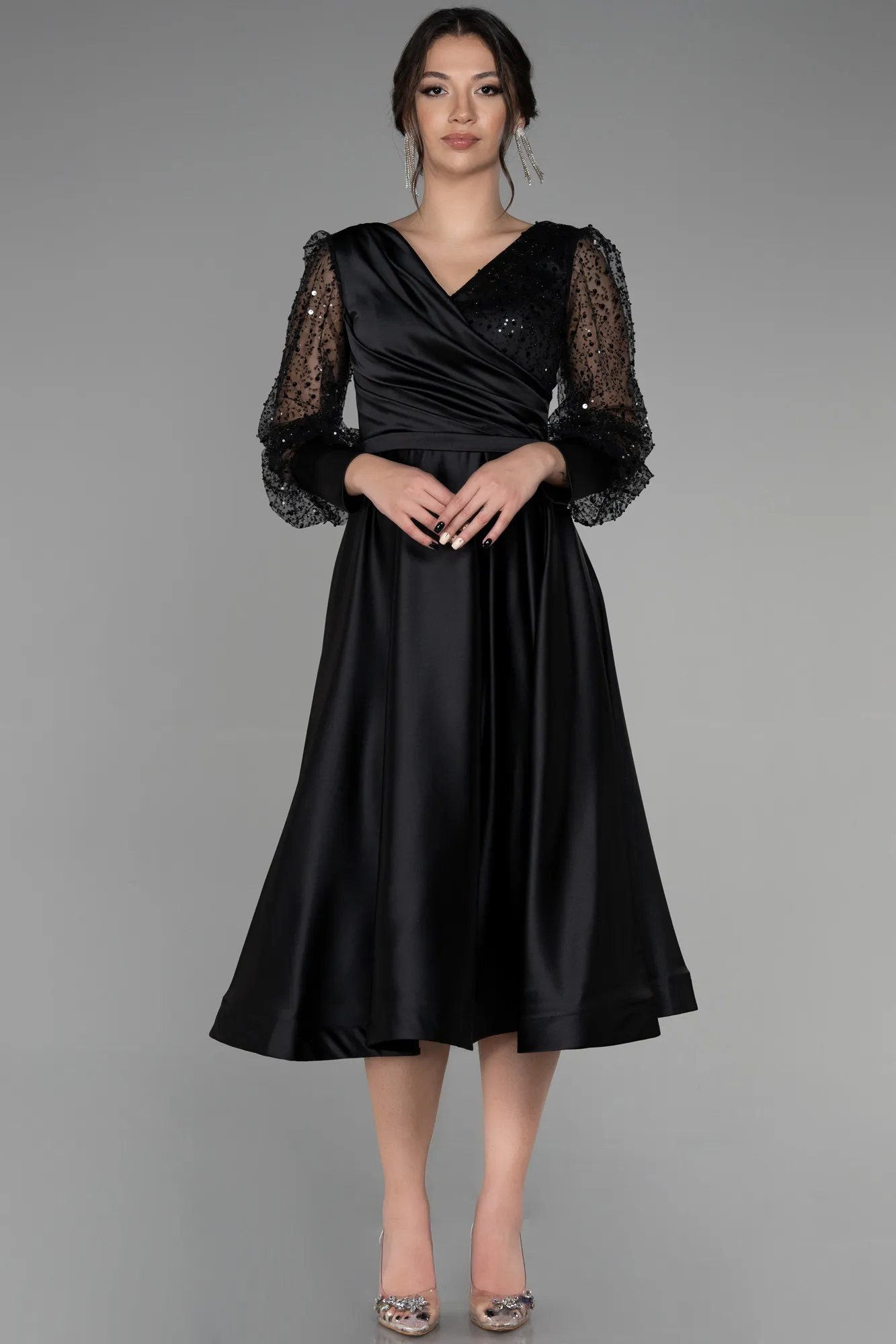 Black-Midi Satin Night Dress ABK1869