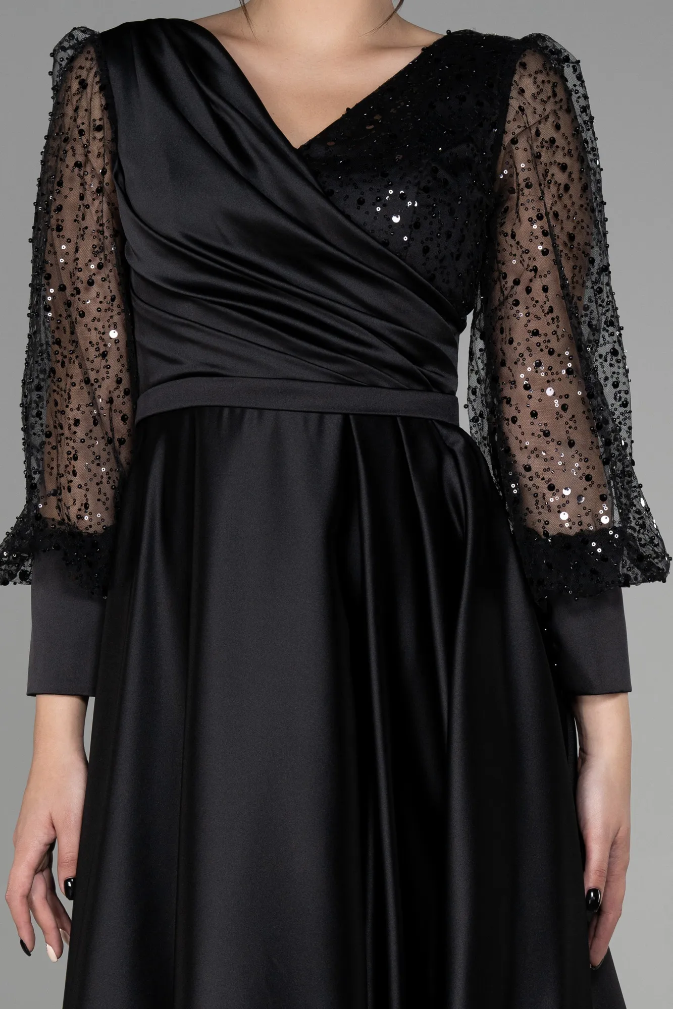 Black-Midi Satin Night Dress ABK1869