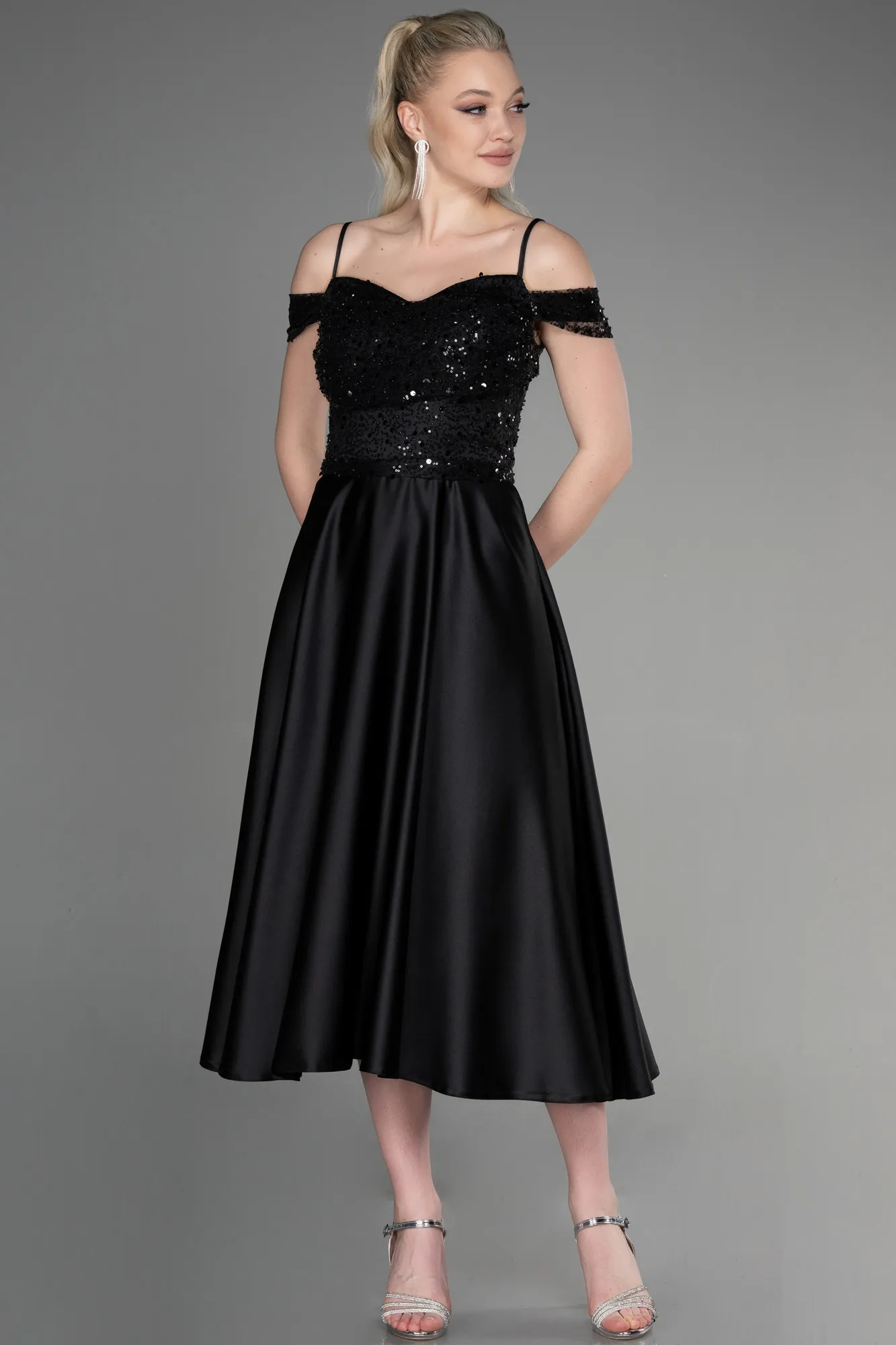 Black-Midi Satin Party Dress ABU3624