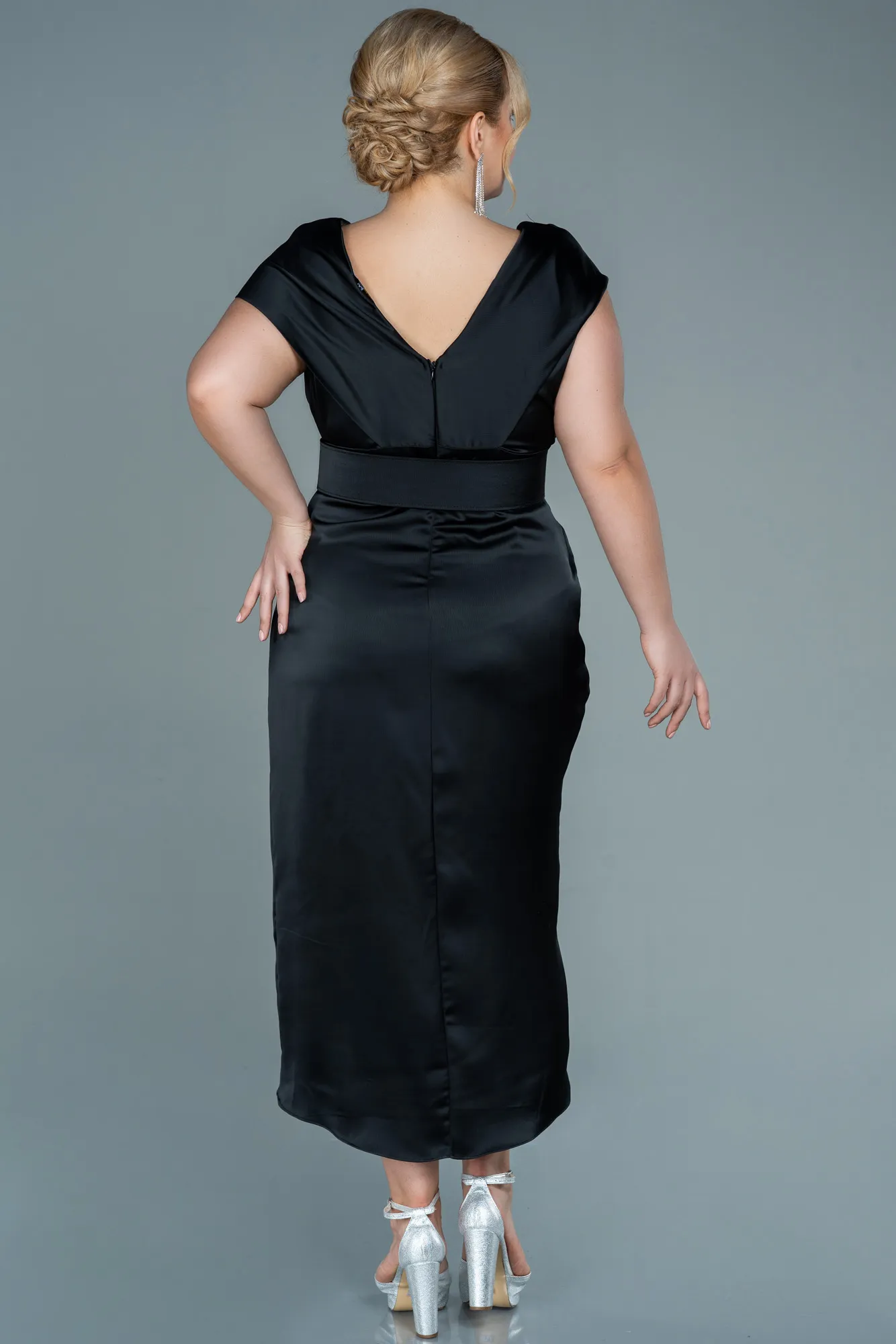 Black-Midi Satin Plus Size Evening Dress ABK1499