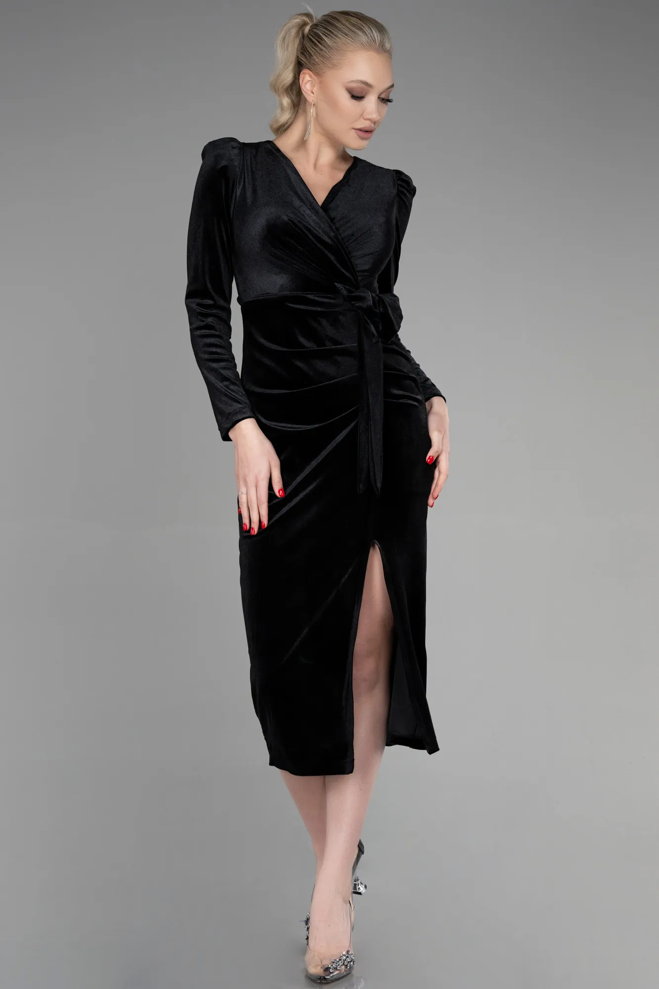 Black-Midi Velvet Invitation Dress ABK1896
