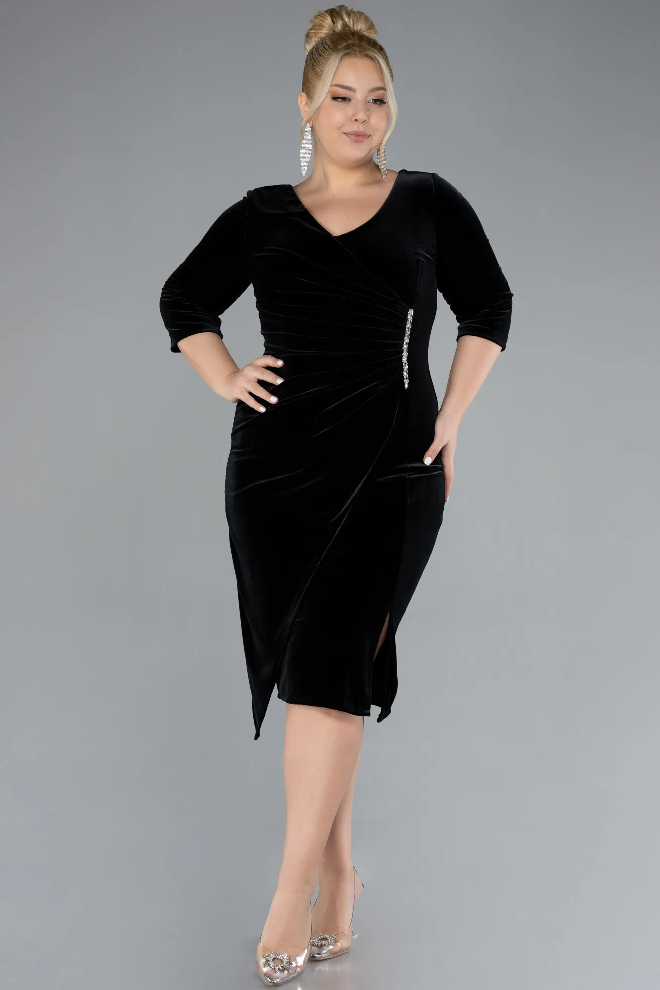 Black-Midi Velvet Plus Size Cocktail Dress ABK2156