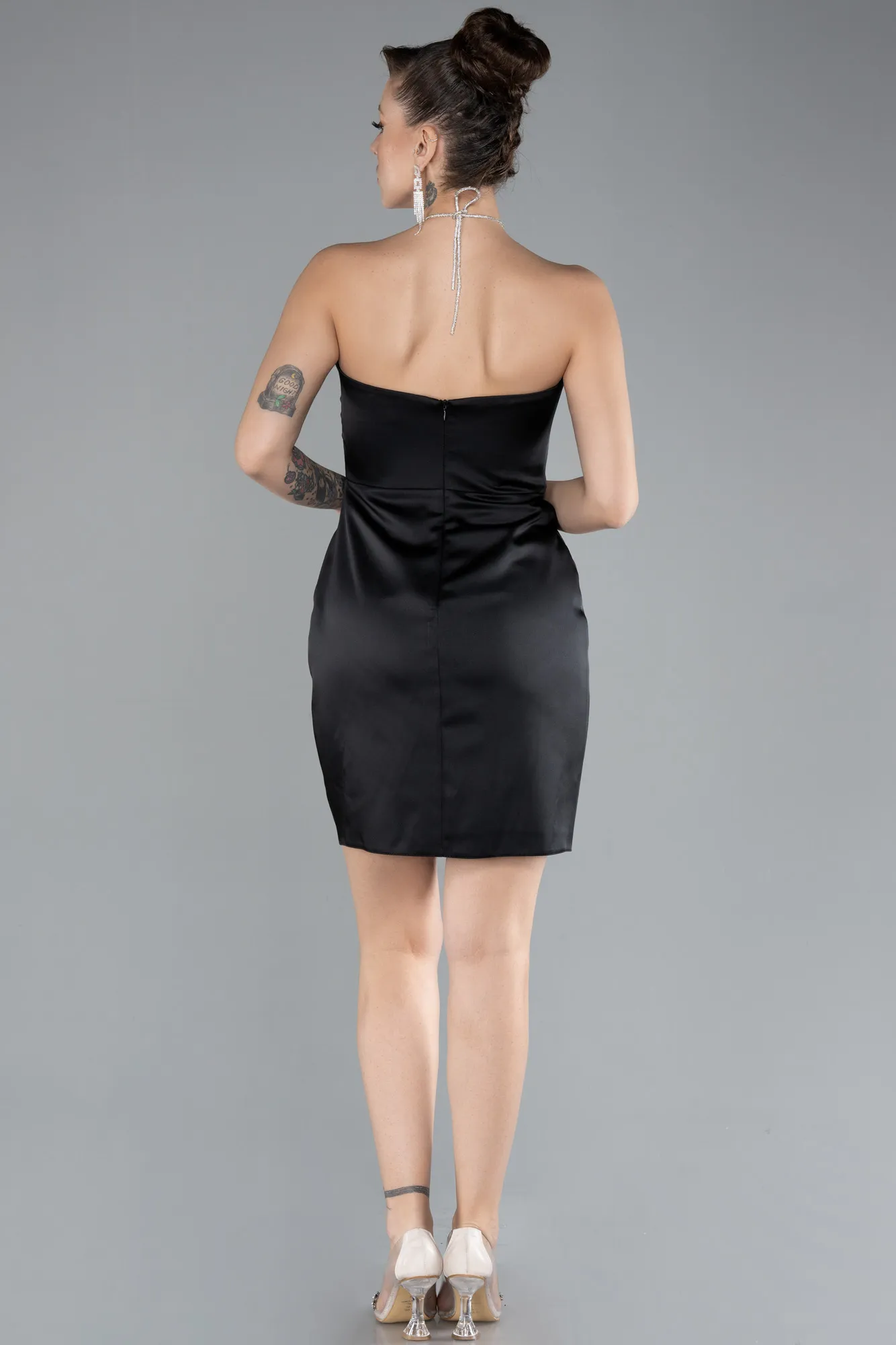 Black-Mini Satin Cocktail Dress ABK2175