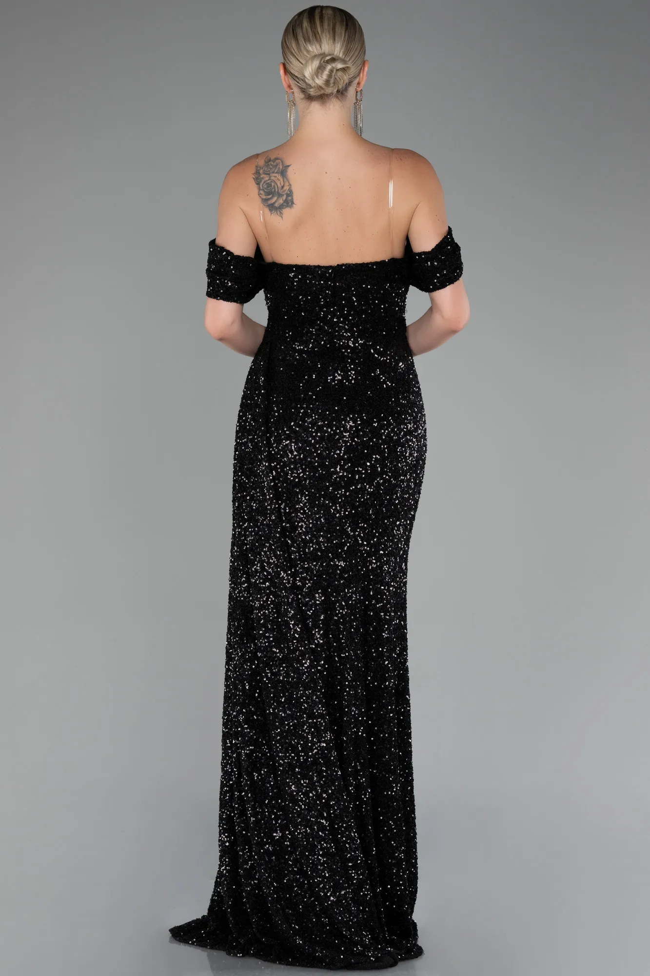 Black-Off Shoulder Boat Neck Slit Sequined Long Evening Gown ABU4074