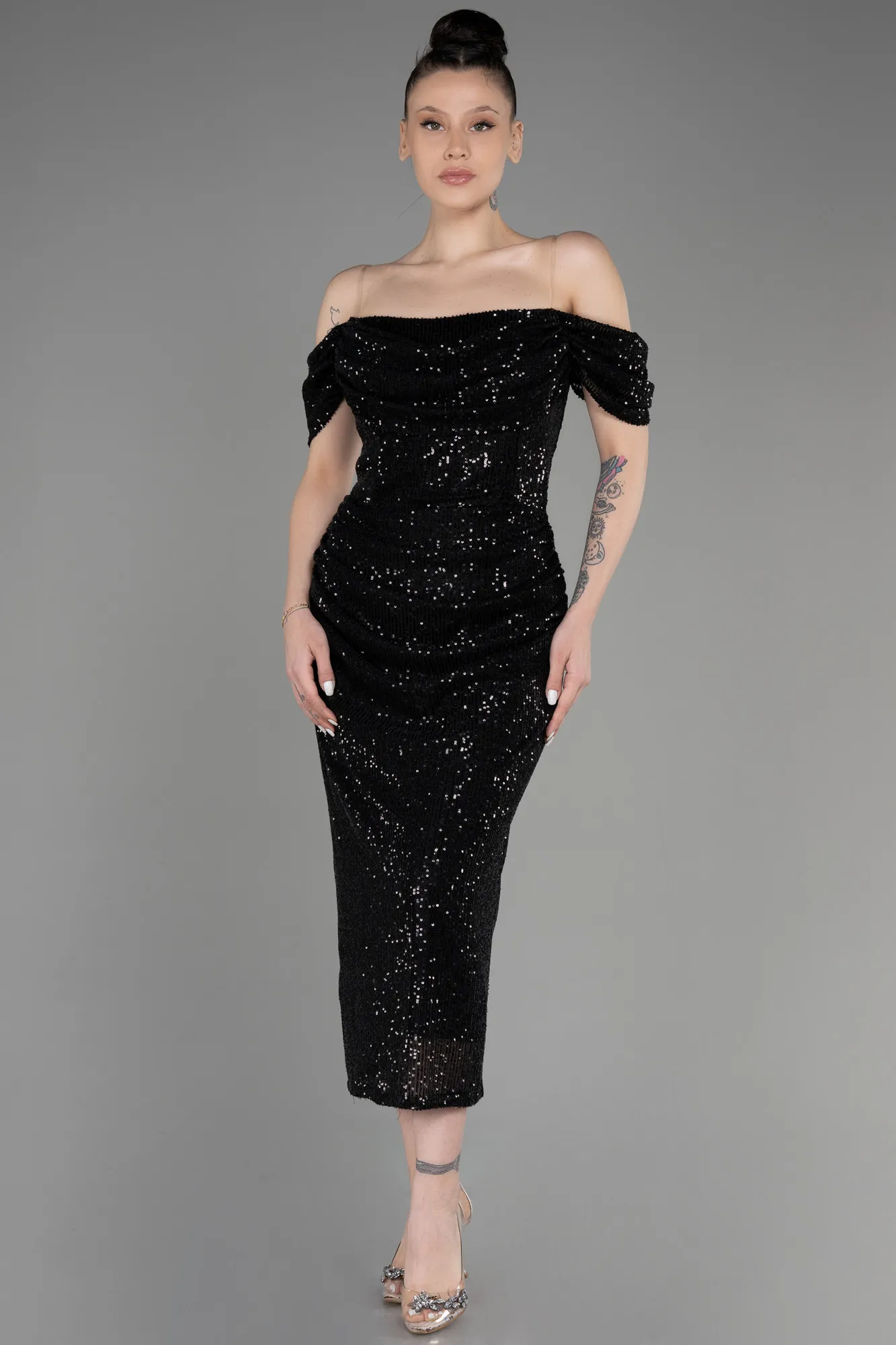 Black-Off Shoulder Midi Sequined Plus Size Evening Dress ABK2056